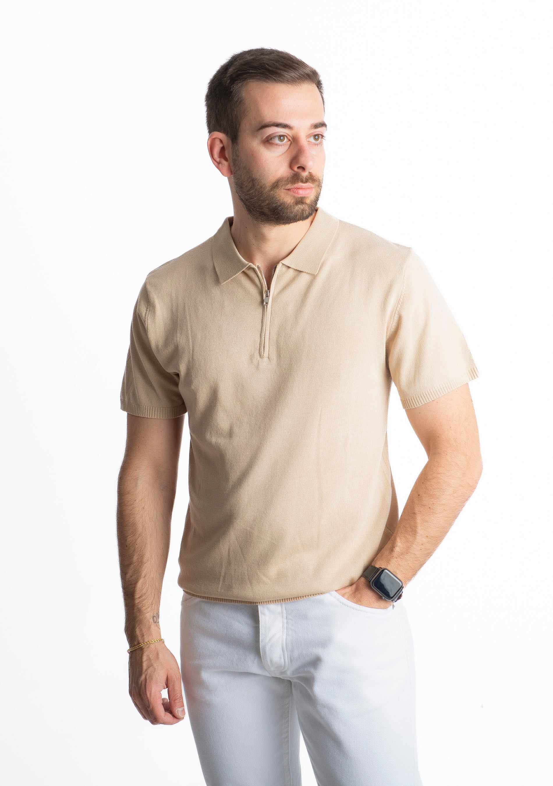 Polo con Zip Uomo Beige