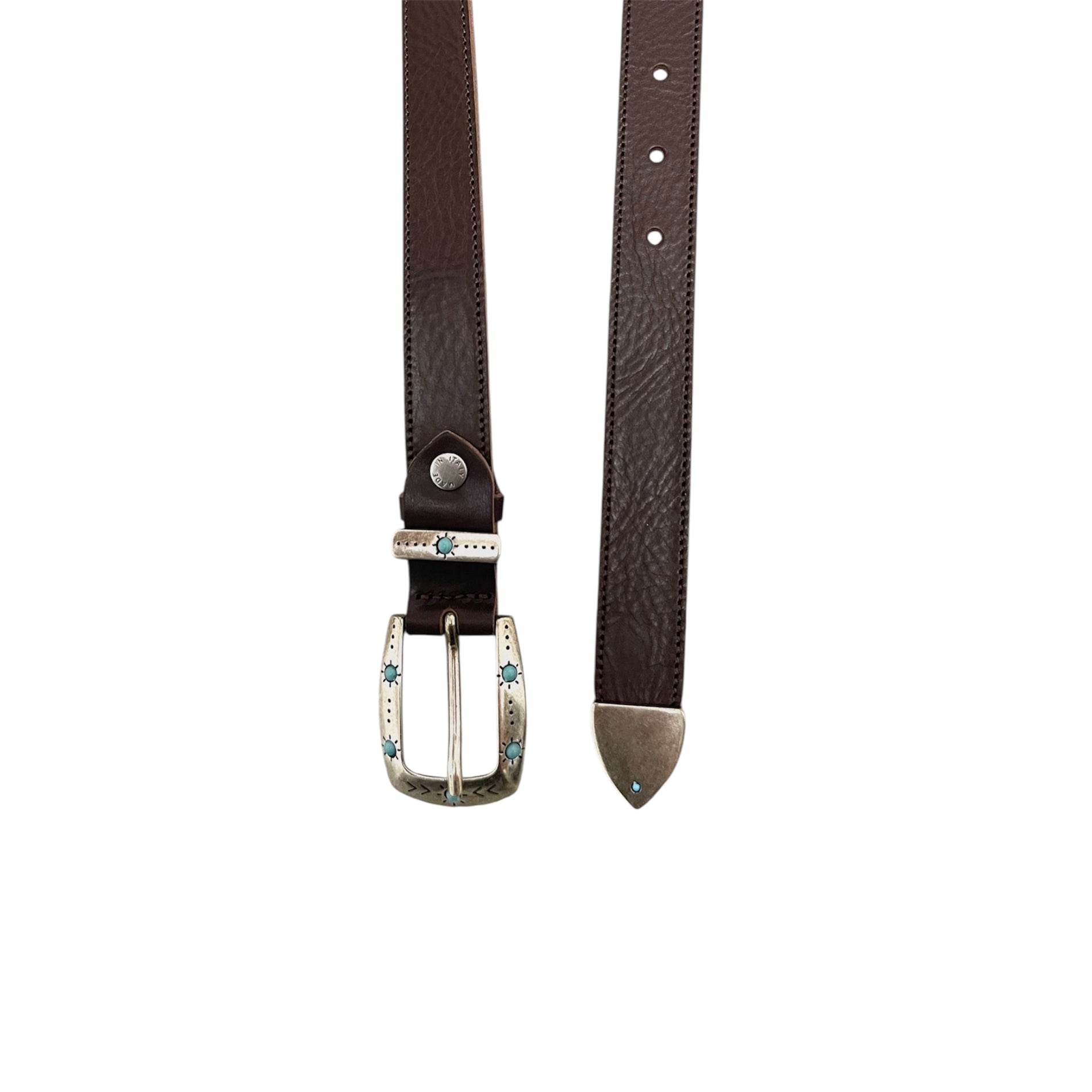 Cintura in Pelle Fibbia Western Motivo Celeste Marrone