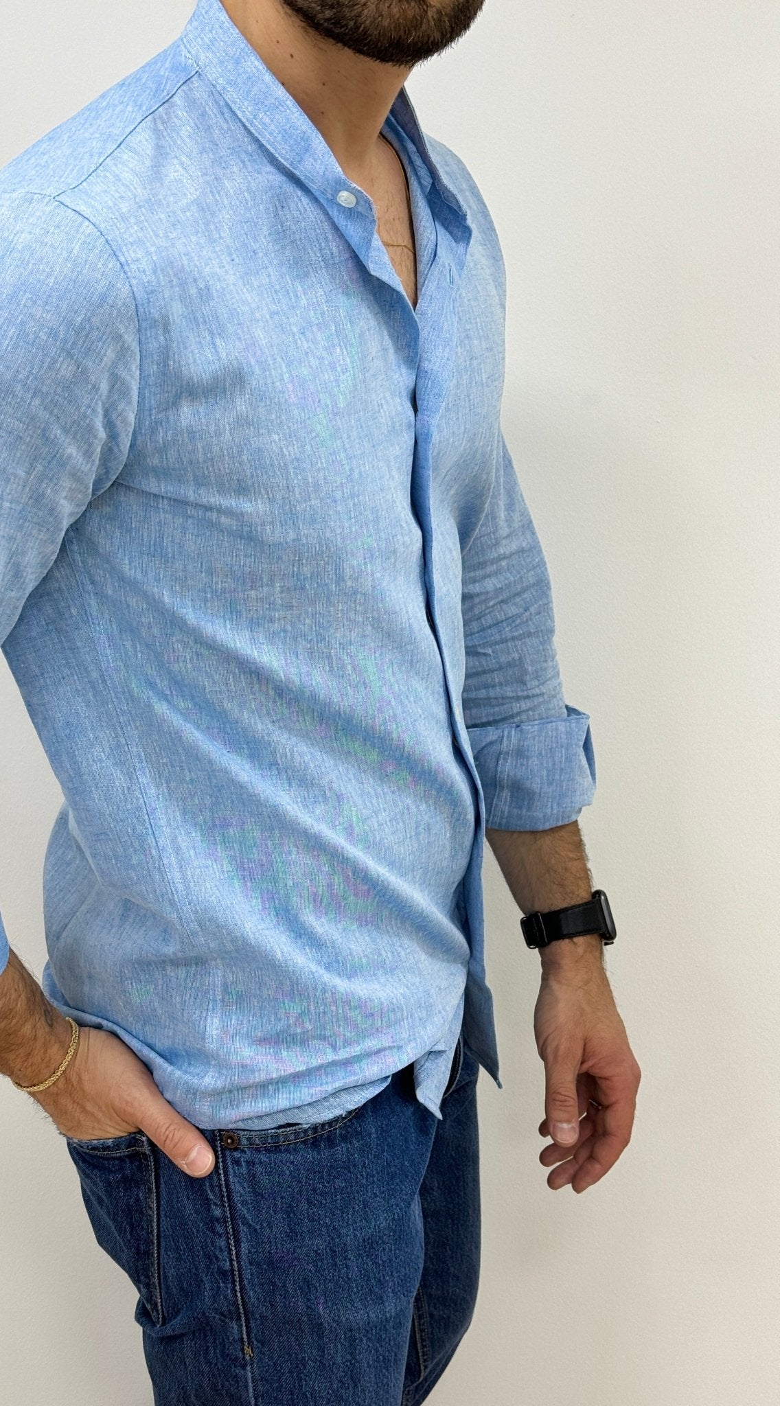 Camicia Lino Collo Coreano Azzurro - SEASON LAB
