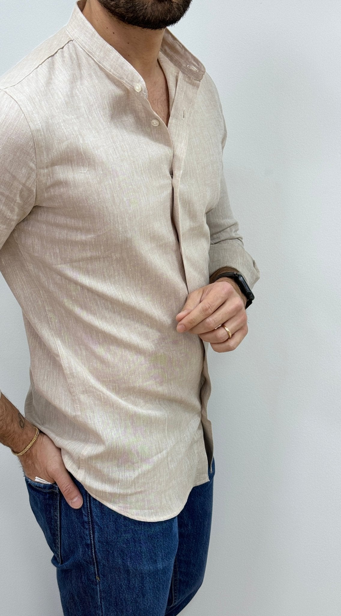 Camicia Lino Collo Coreano Beige - SEASON LAB