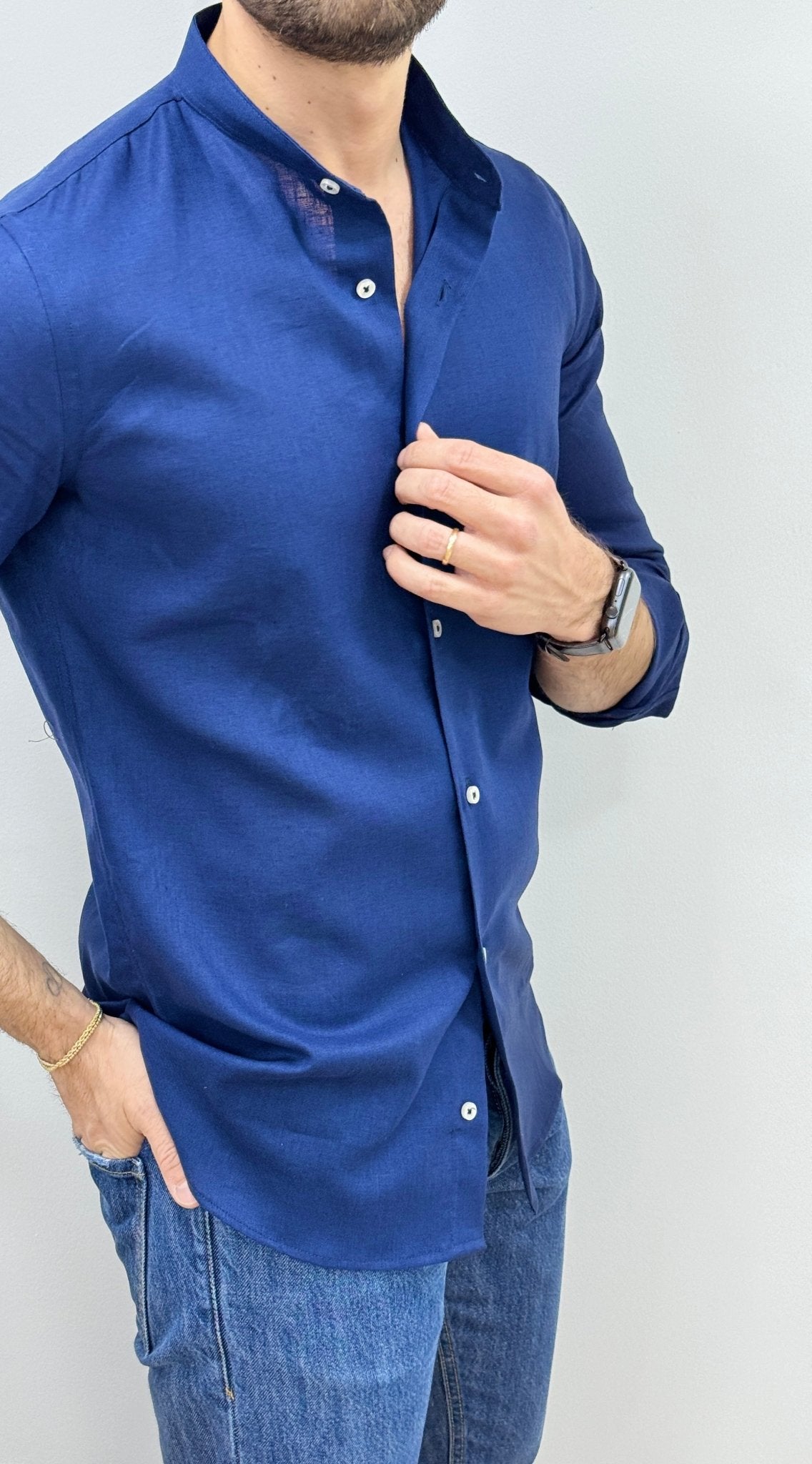 Camicia Lino Collo Coreano Blu - SEASON LAB