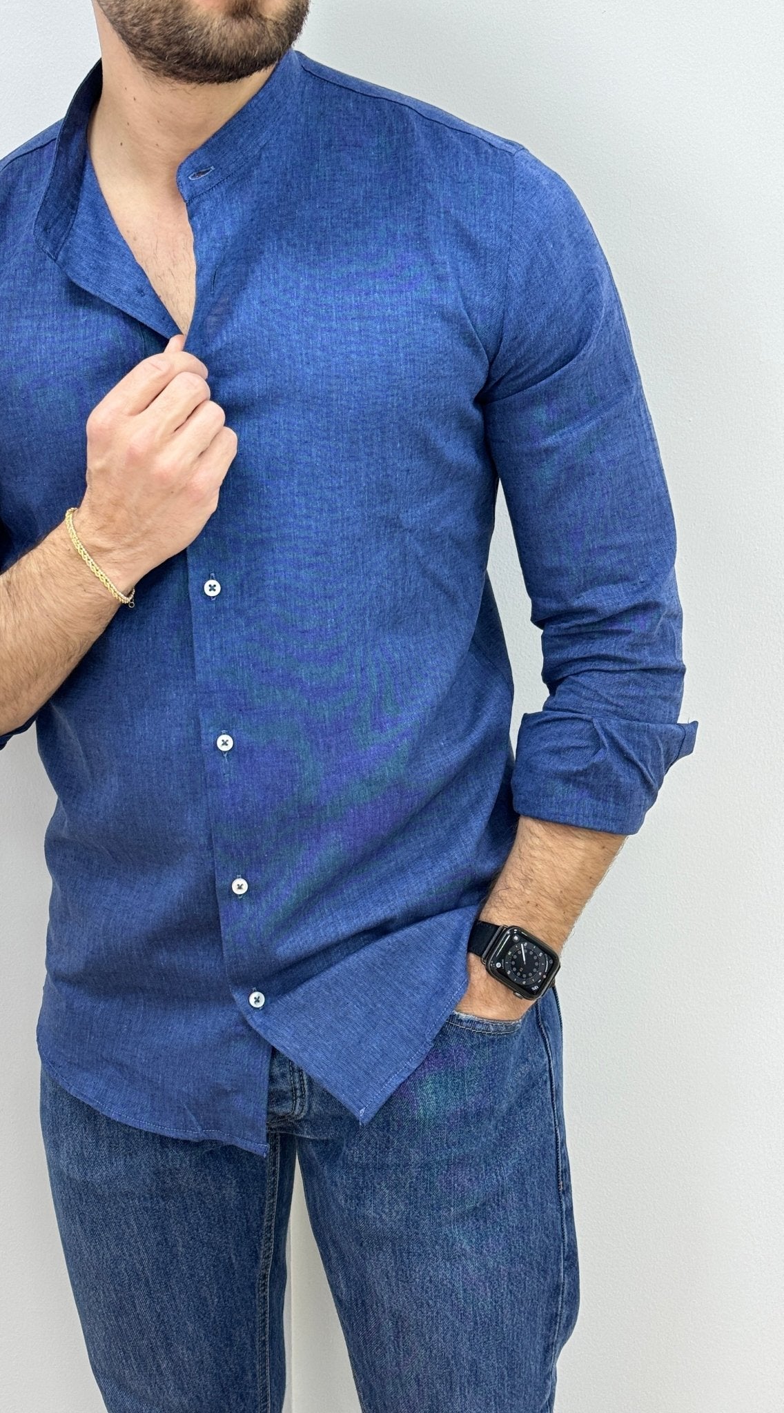 Camicia Lino Collo Coreano Blu Denim - SEASON LAB