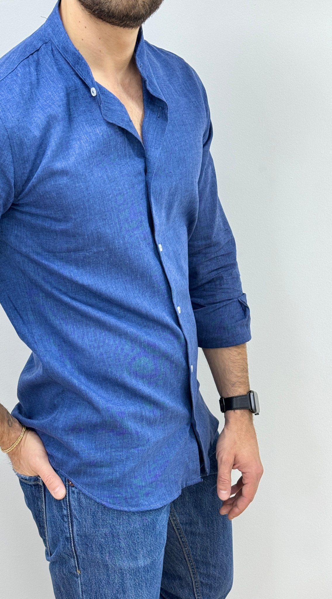 Camicia Lino Collo Coreano Blu Denim - SEASON LAB