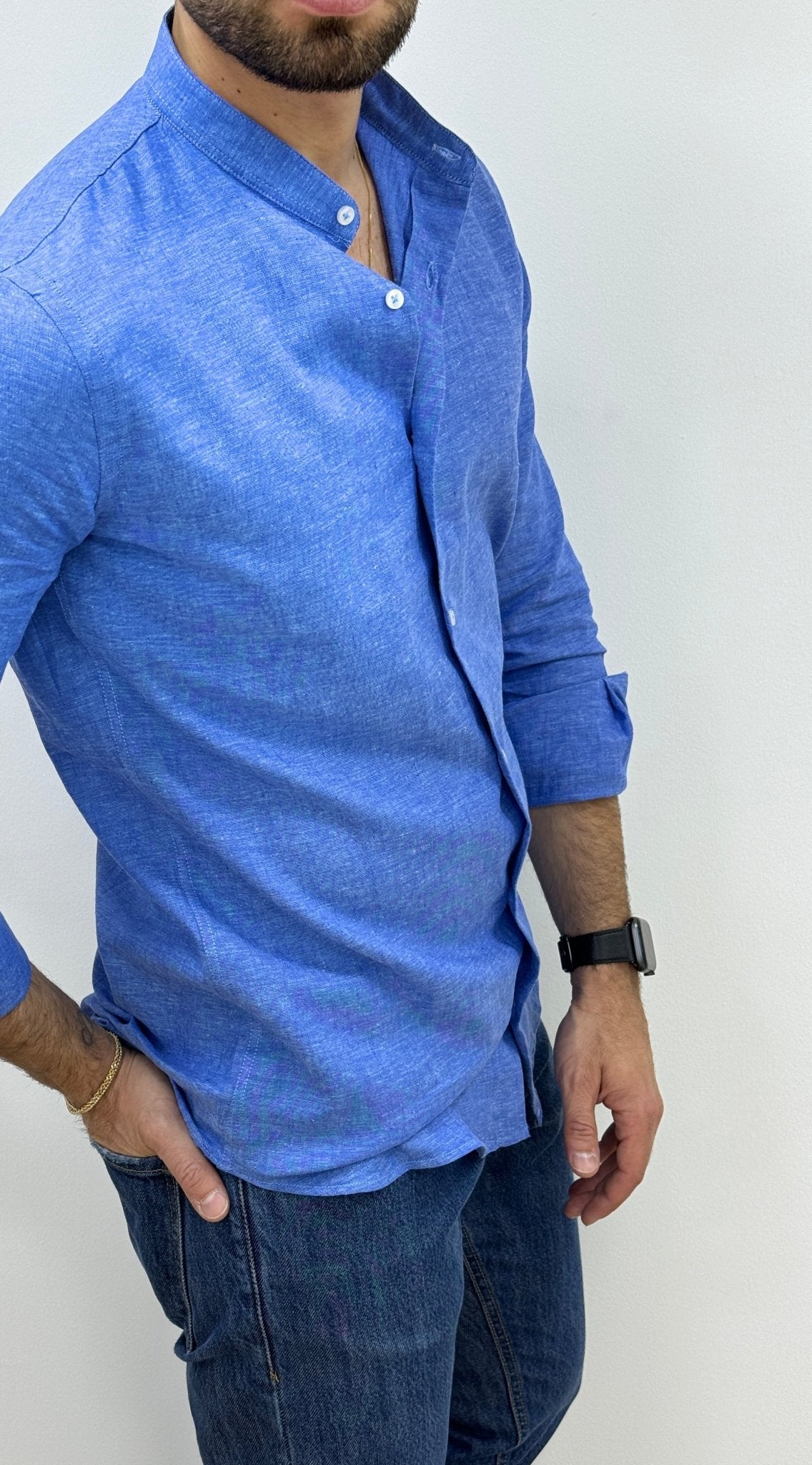 Camicia Lino Collo Coreano Blu Royal - SEASON LAB