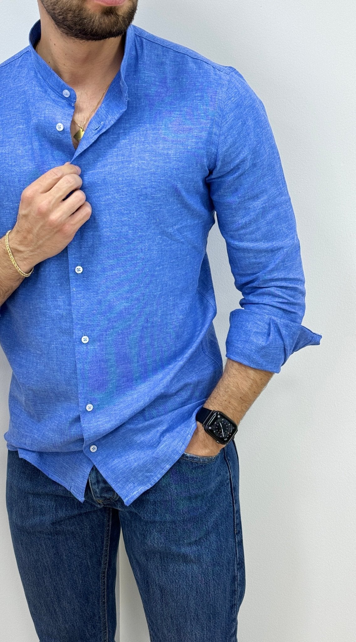 Camicia Lino Collo Coreano Blu Royal - SEASON LAB