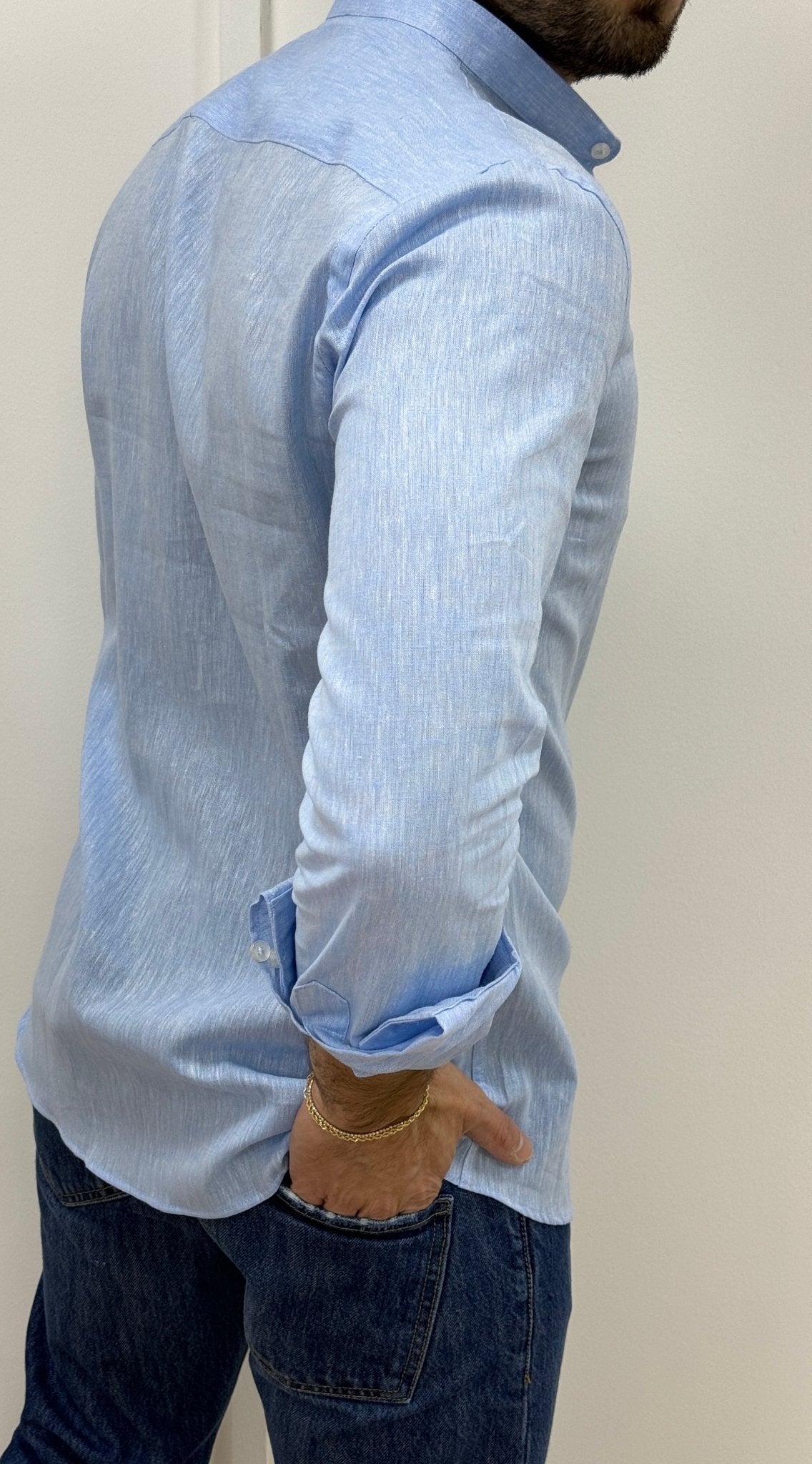 Camicia Lino Collo Coreano Celeste - SEASON LAB