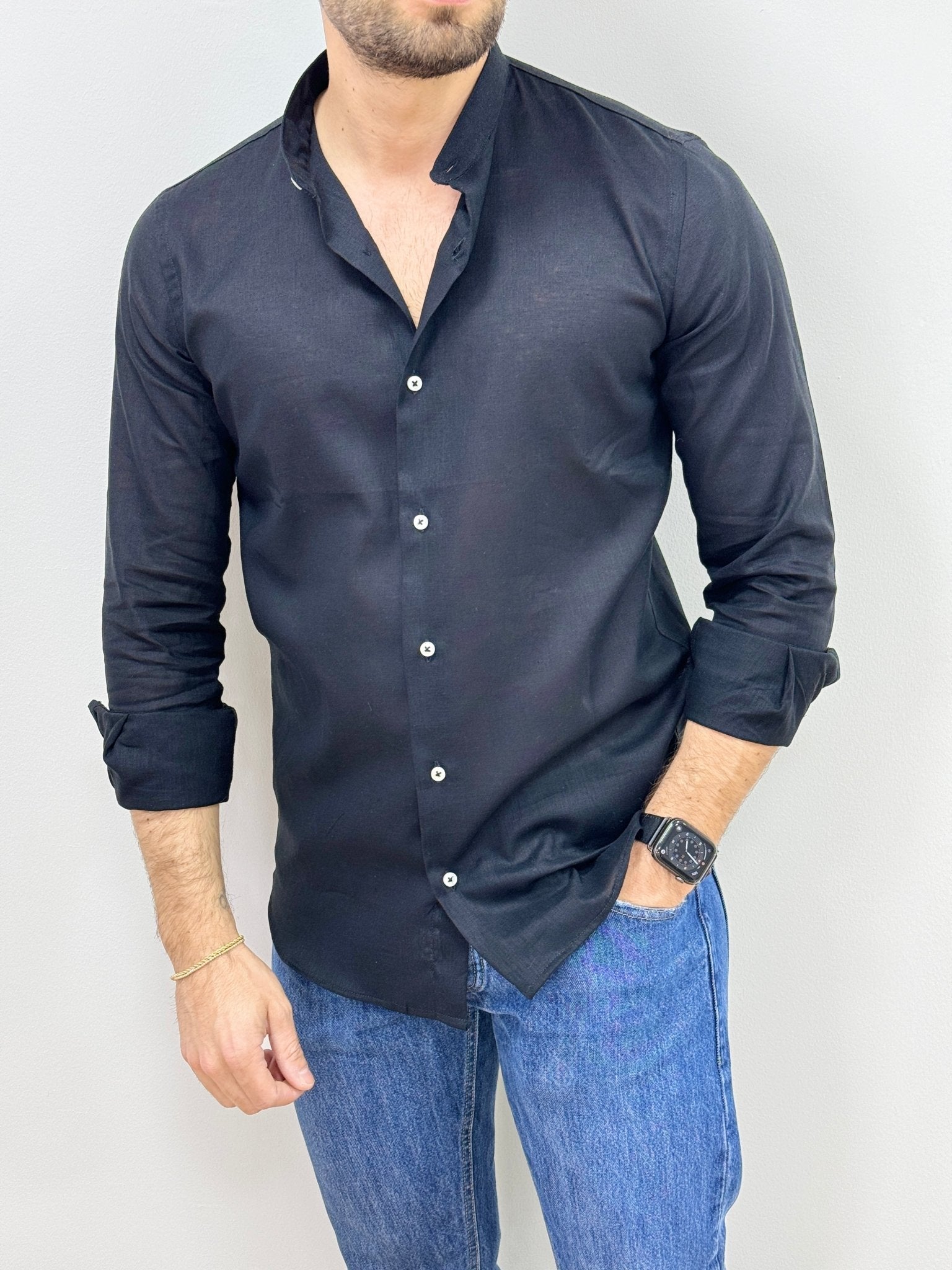 Camicia Lino Collo Coreano Nero - SEASON LAB
