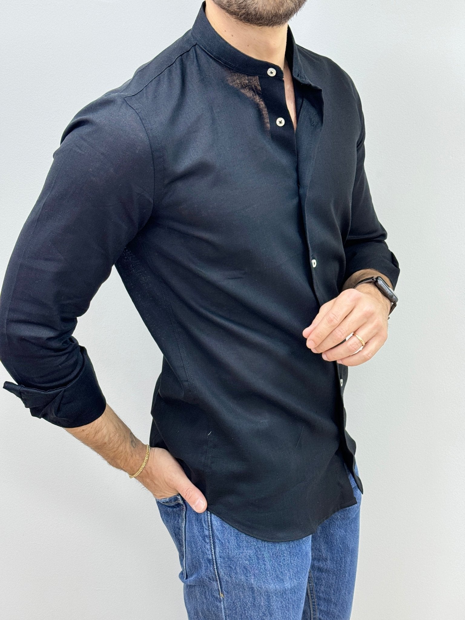 Camicia Lino Collo Coreano Nero - SEASON LAB