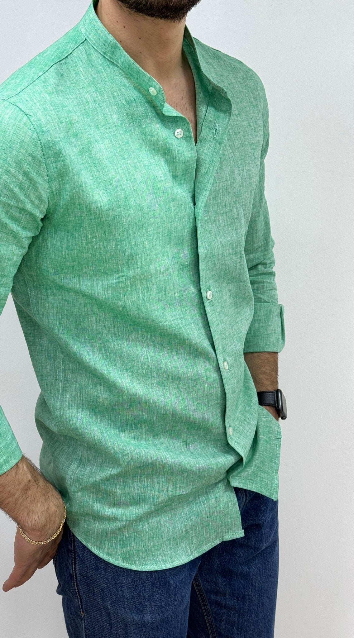 Camicia Lino Collo Coreano Verde - SEASON LAB