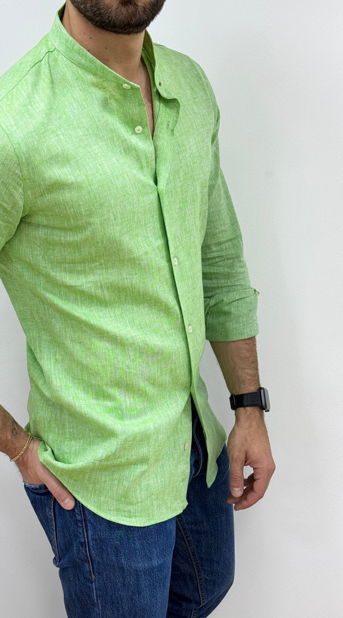 Camicia Lino Collo Coreano Verde Lime - SEASON LAB