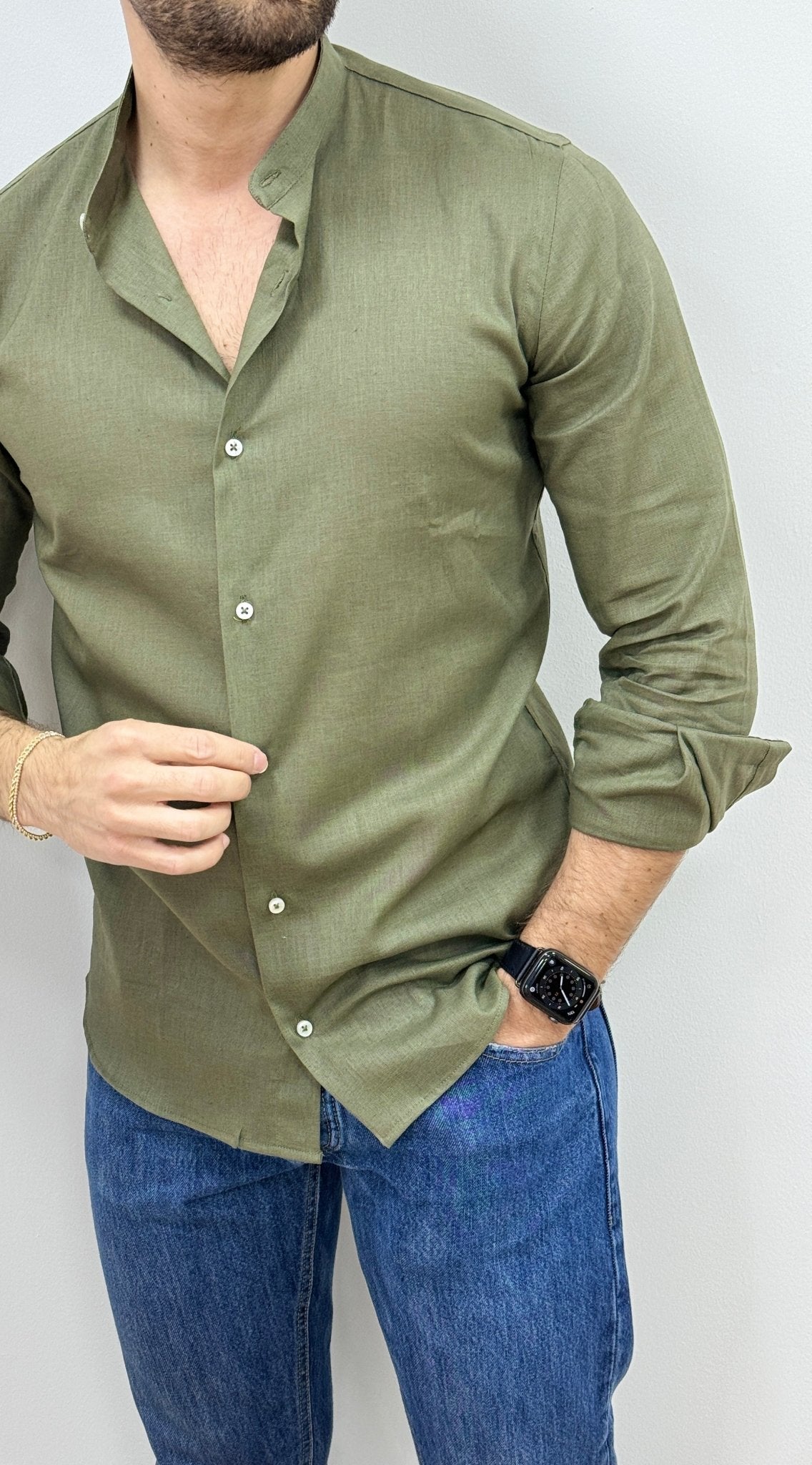 Camicia Lino Collo Coreano Verde Militare - SEASON LAB