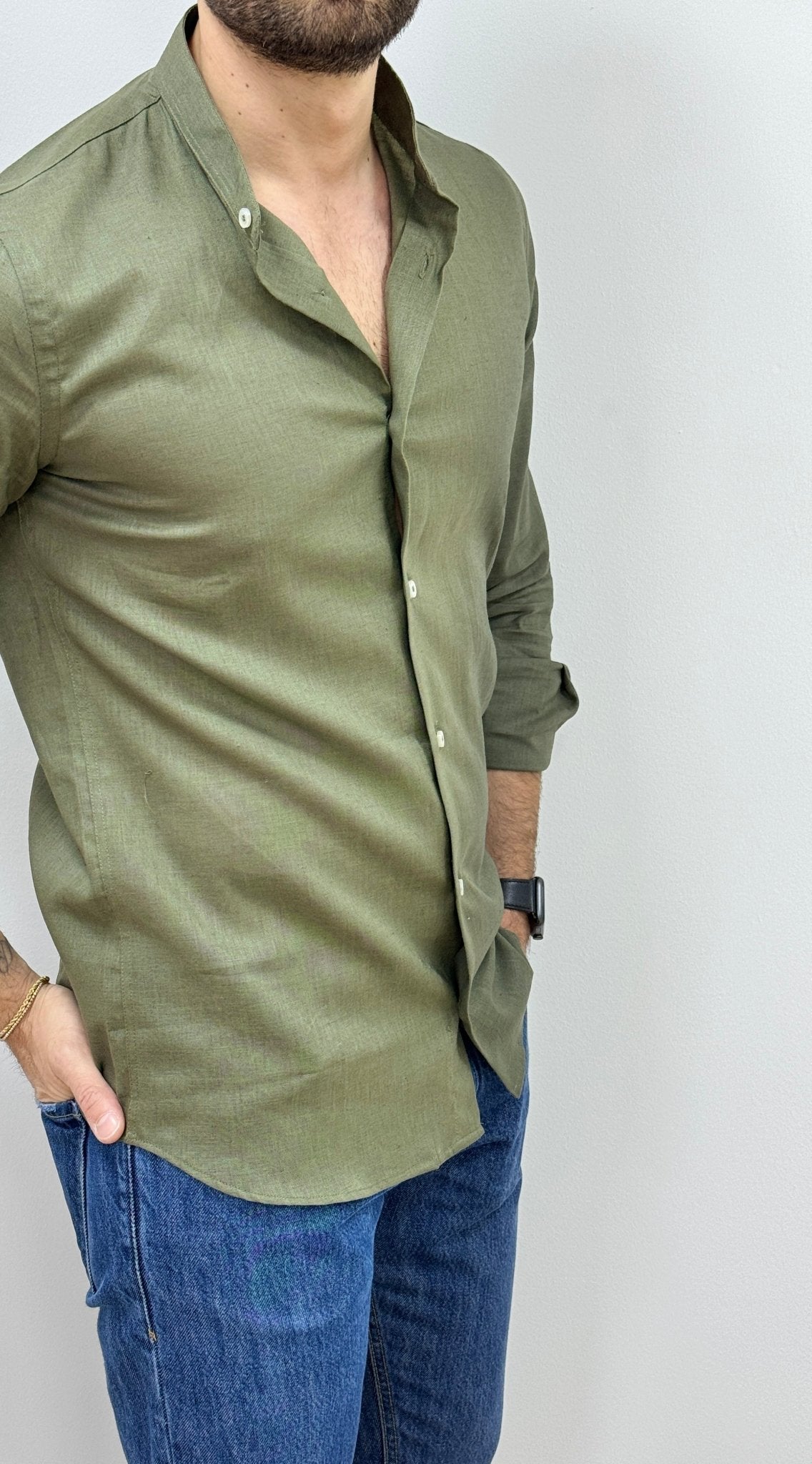 Camicia Lino Collo Coreano Verde Militare - SEASON LAB