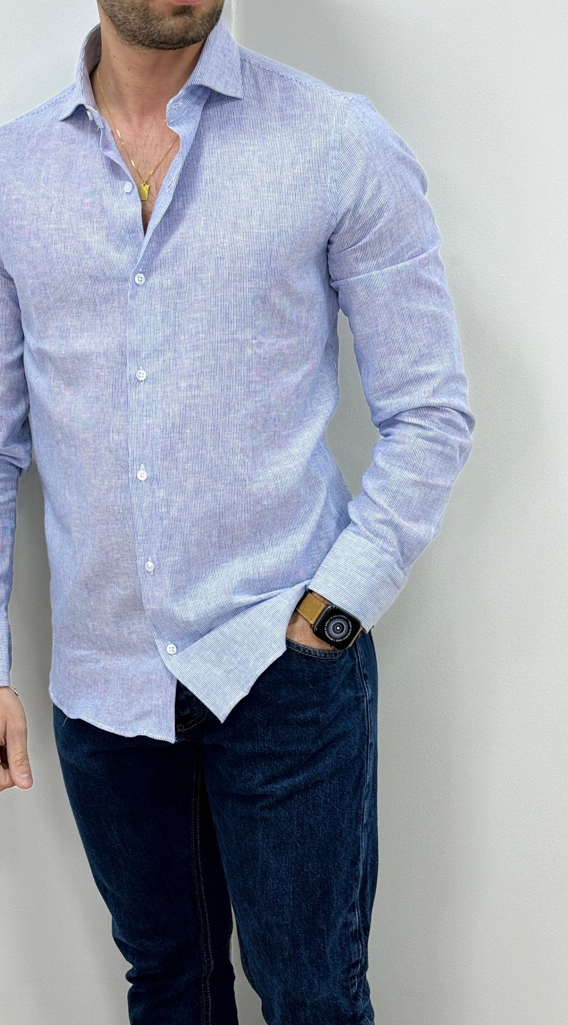 Camicia Lino Mille Righe Blu - SEASON LAB