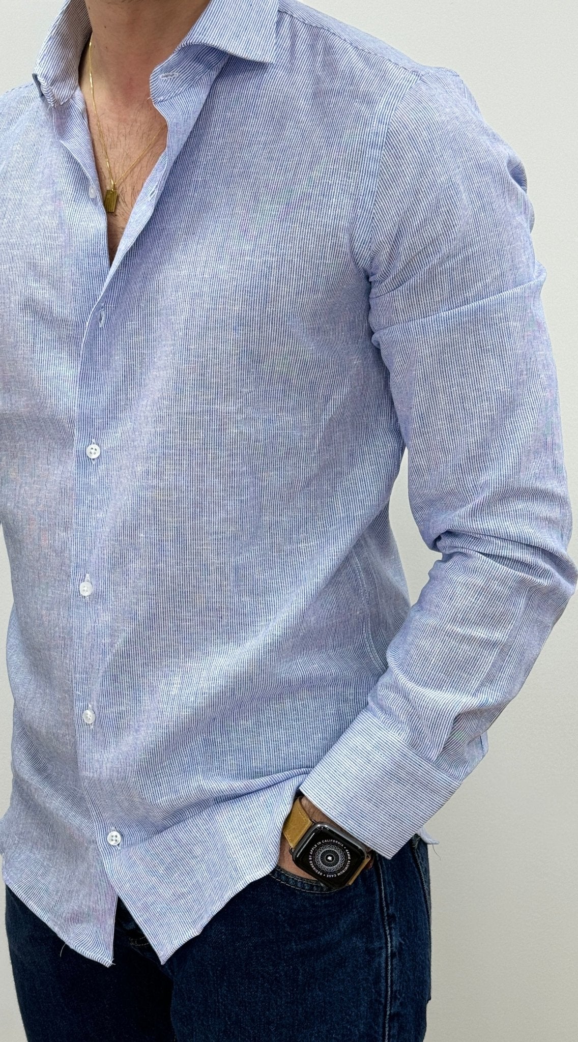 Camicia Lino Mille Righe Blu - SEASON LAB