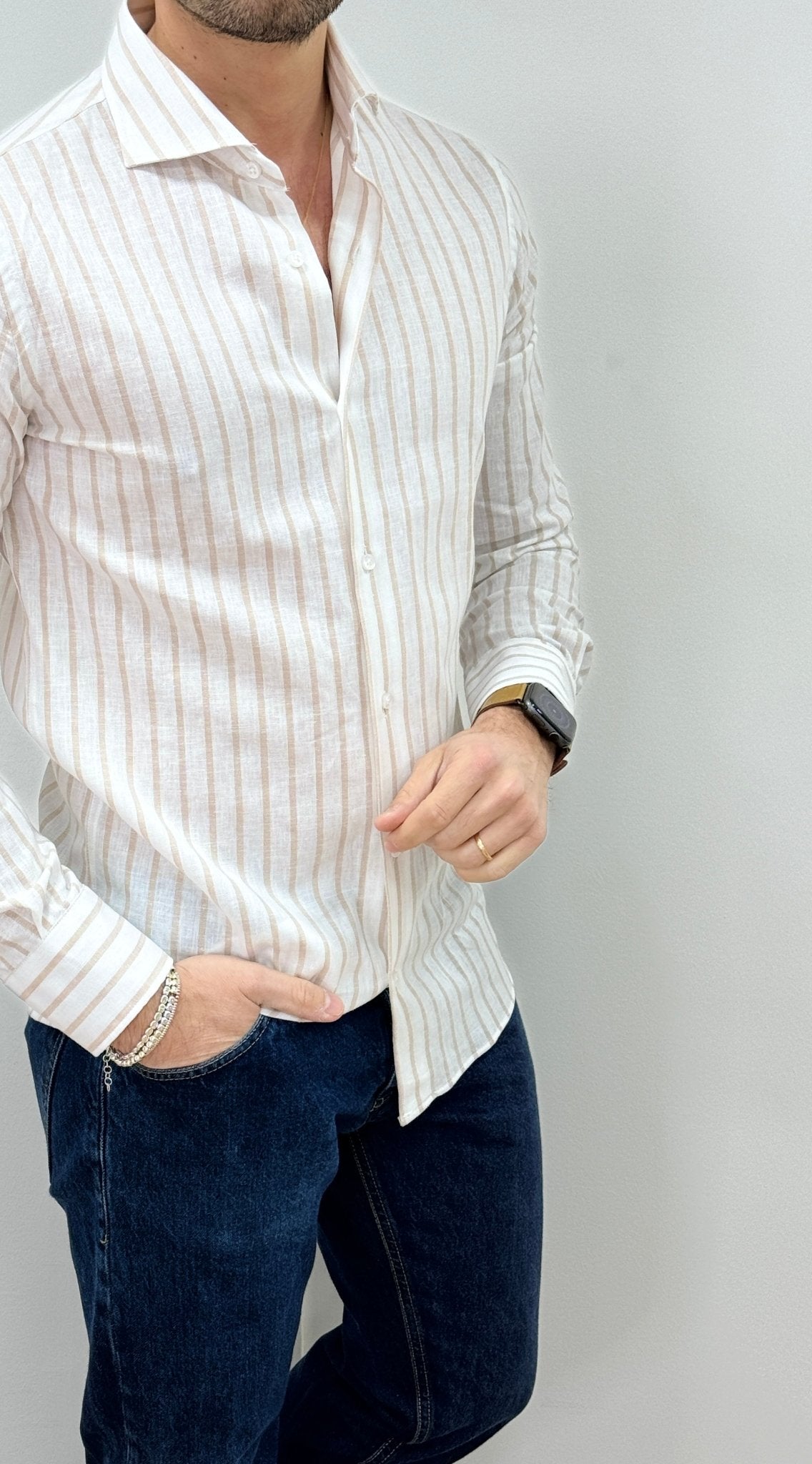 Camicia Uomo Lino Rigata 01 Beige - SEASON LAB