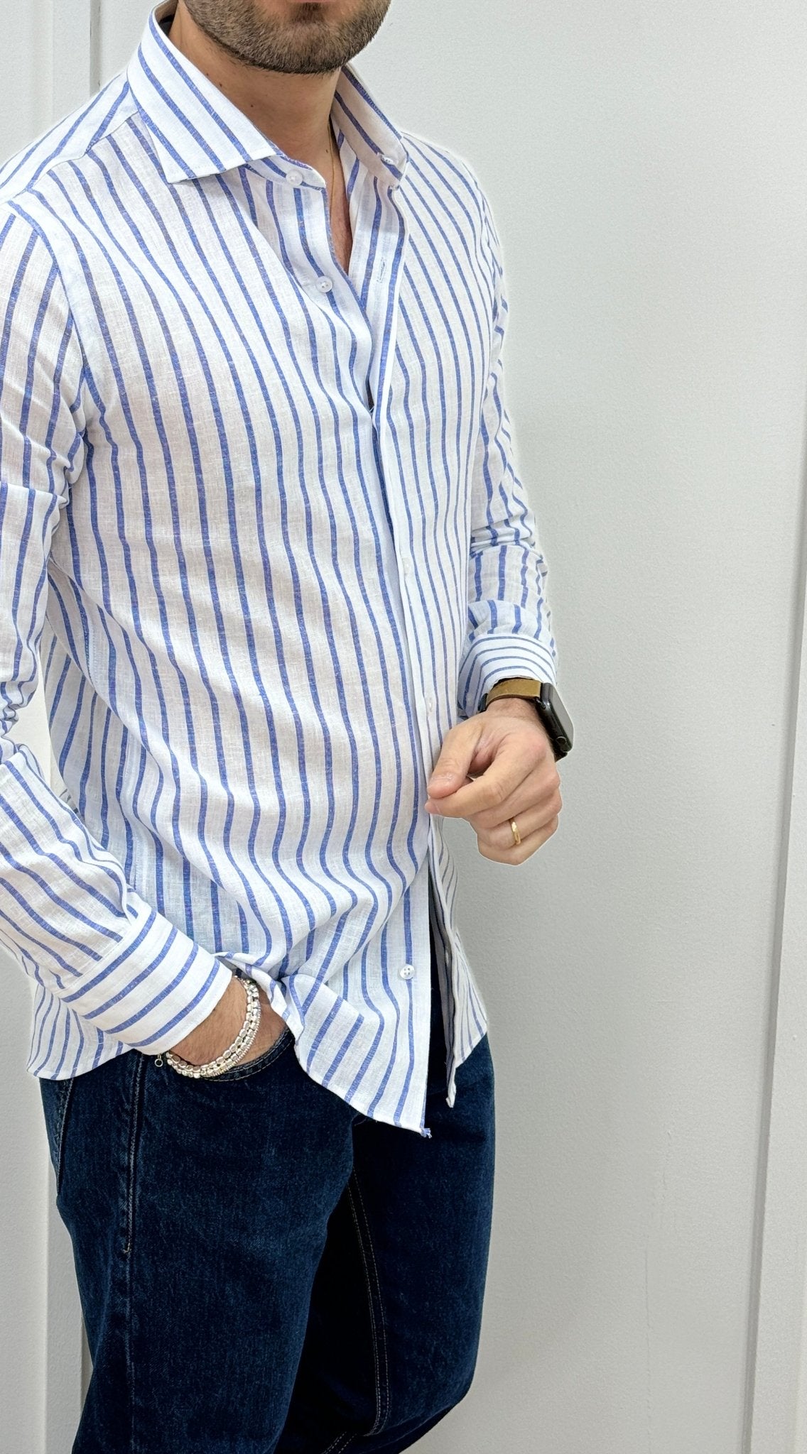 Camicia Uomo Lino Rigata 01 Blu - SEASON LAB