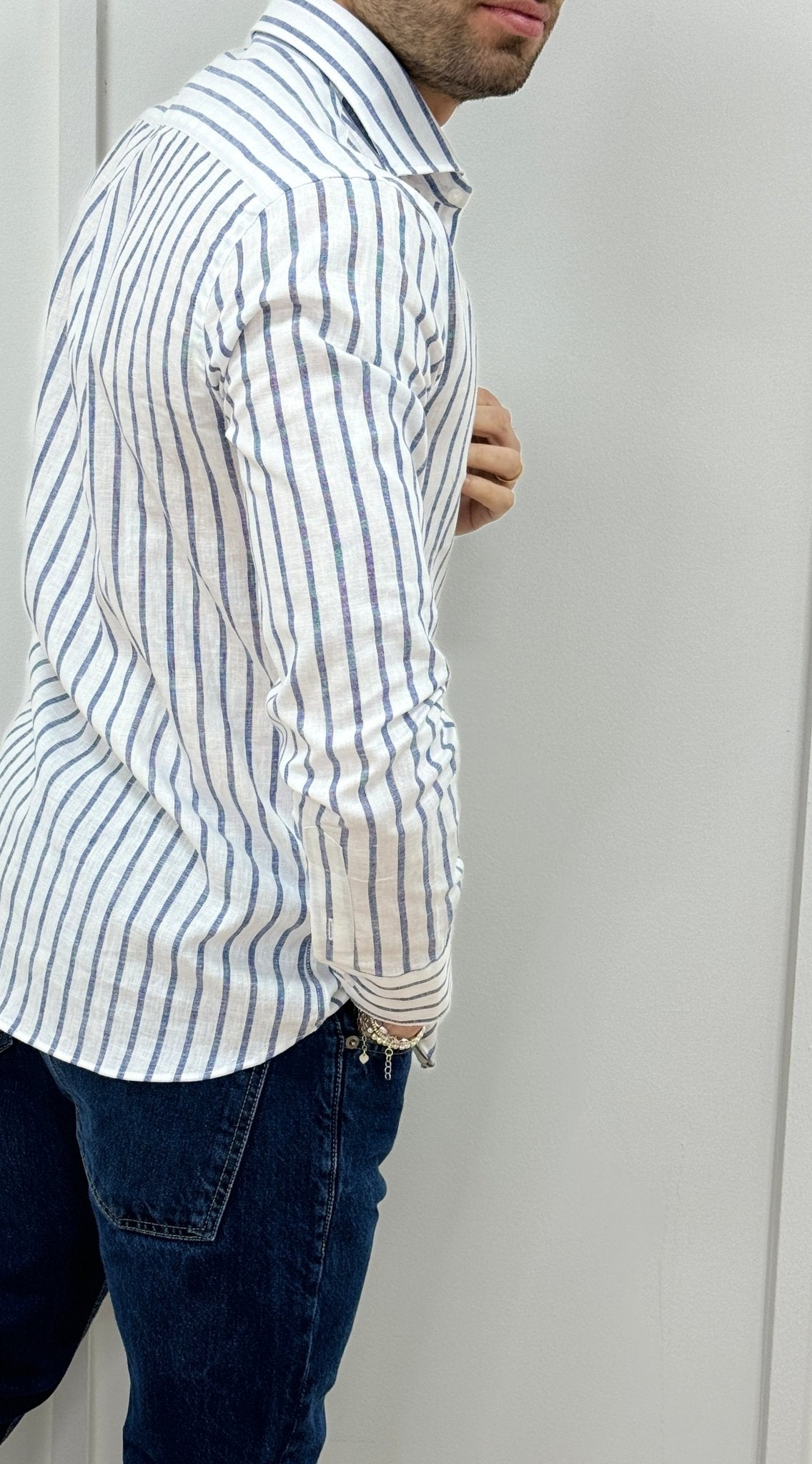 Camicia Uomo Lino Rigata 01 Blu Notte - SEASON LAB