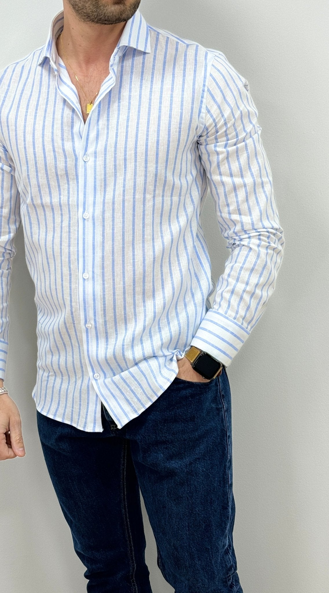 Camicia Uomo Lino Rigata 01 Celeste - SEASON LAB