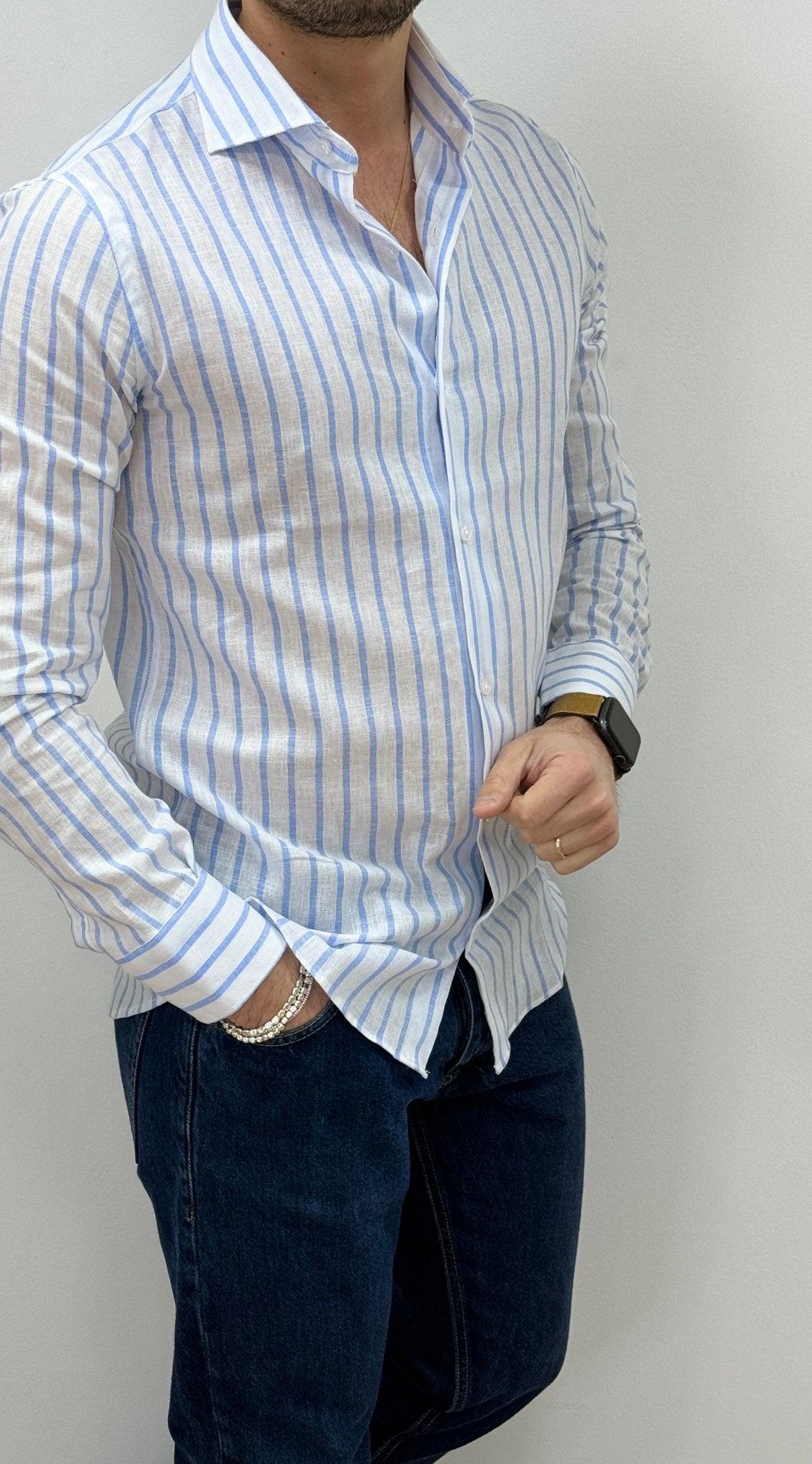 Camicia Uomo Lino Rigata 01 Celeste - SEASON LAB