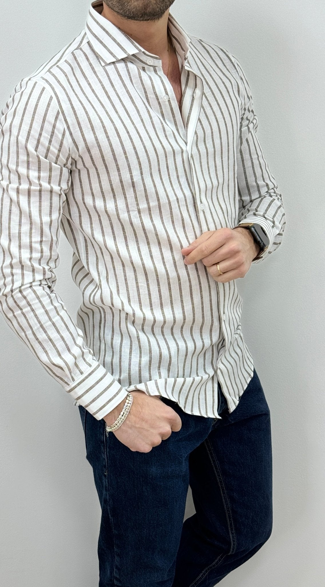 Camicia Uomo Lino Rigata 01 Marrone - SEASON LAB