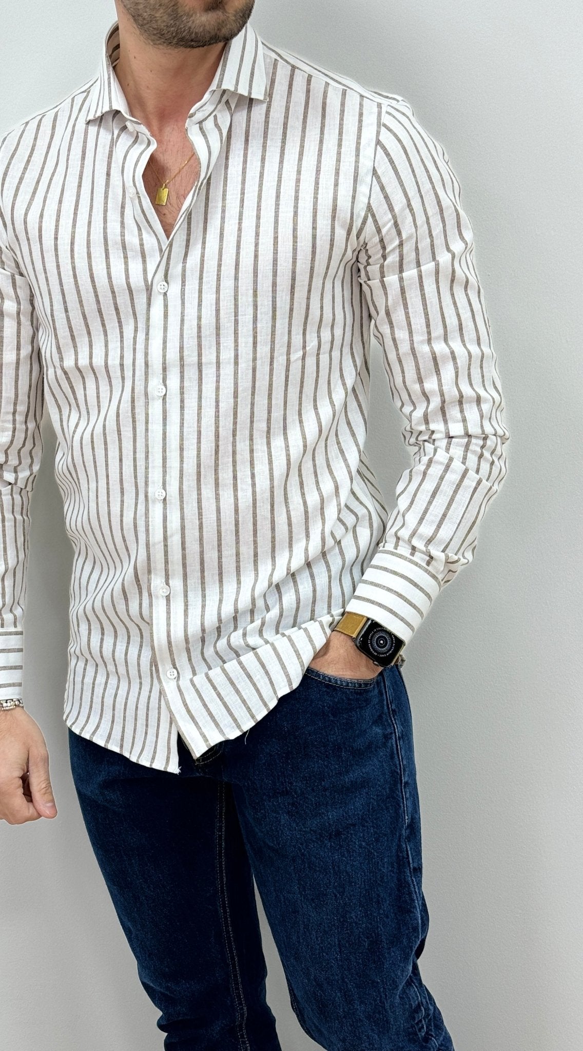 Camicia Uomo Lino Rigata 01 Marrone - SEASON LAB
