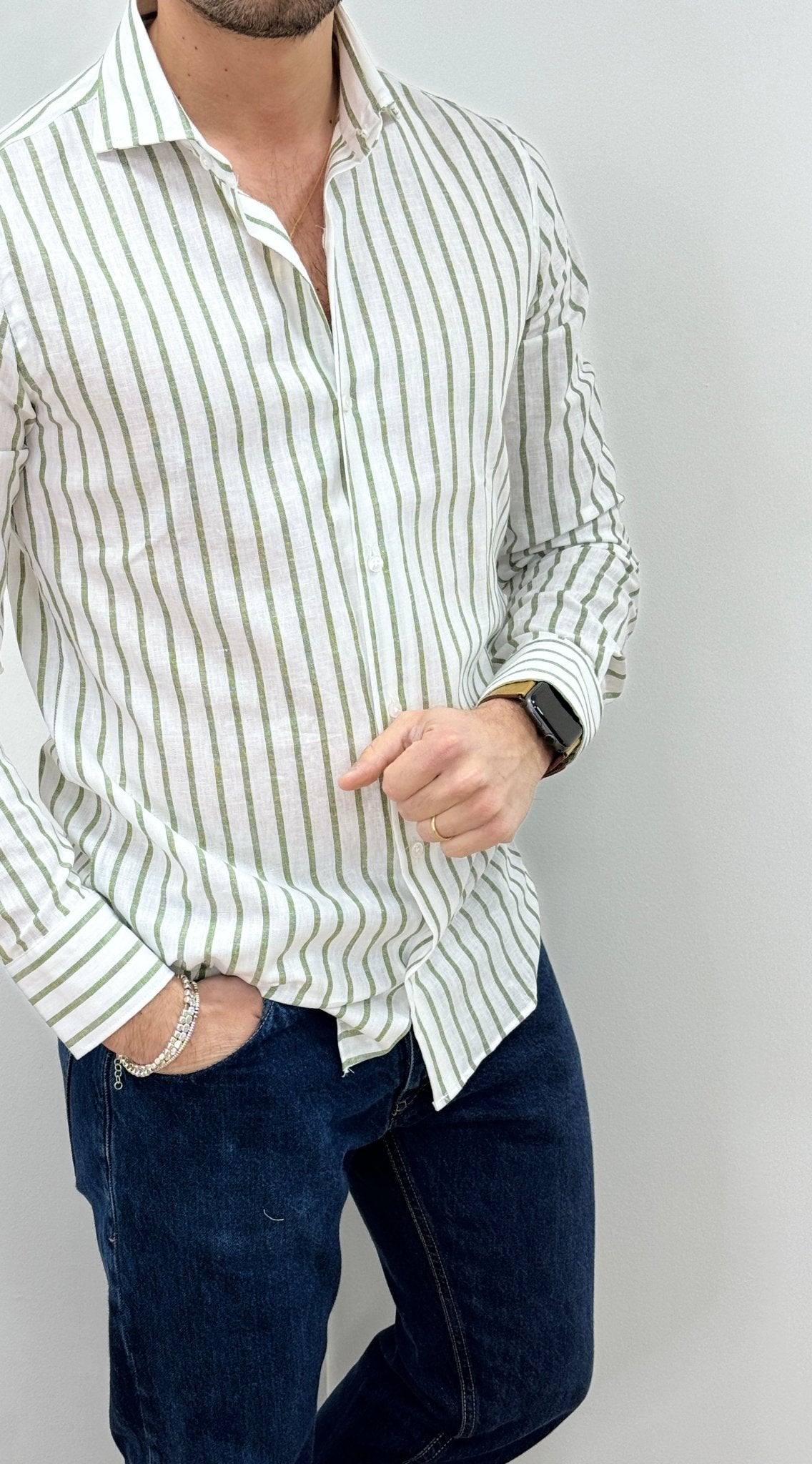 Camicia Uomo Lino Rigata 01 Verde - SEASON LAB