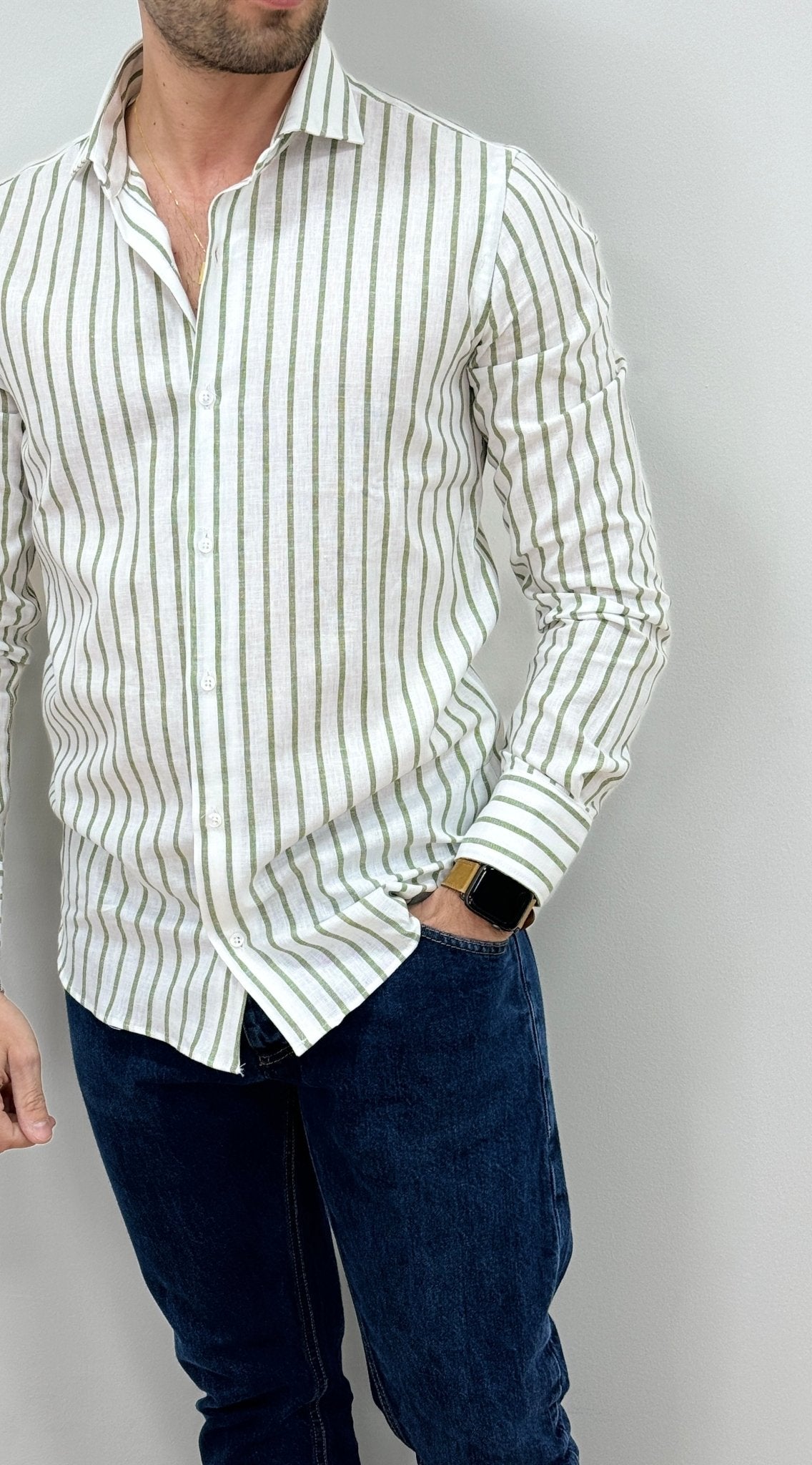 Camicia Uomo Lino Rigata 01 Verde - SEASON LAB