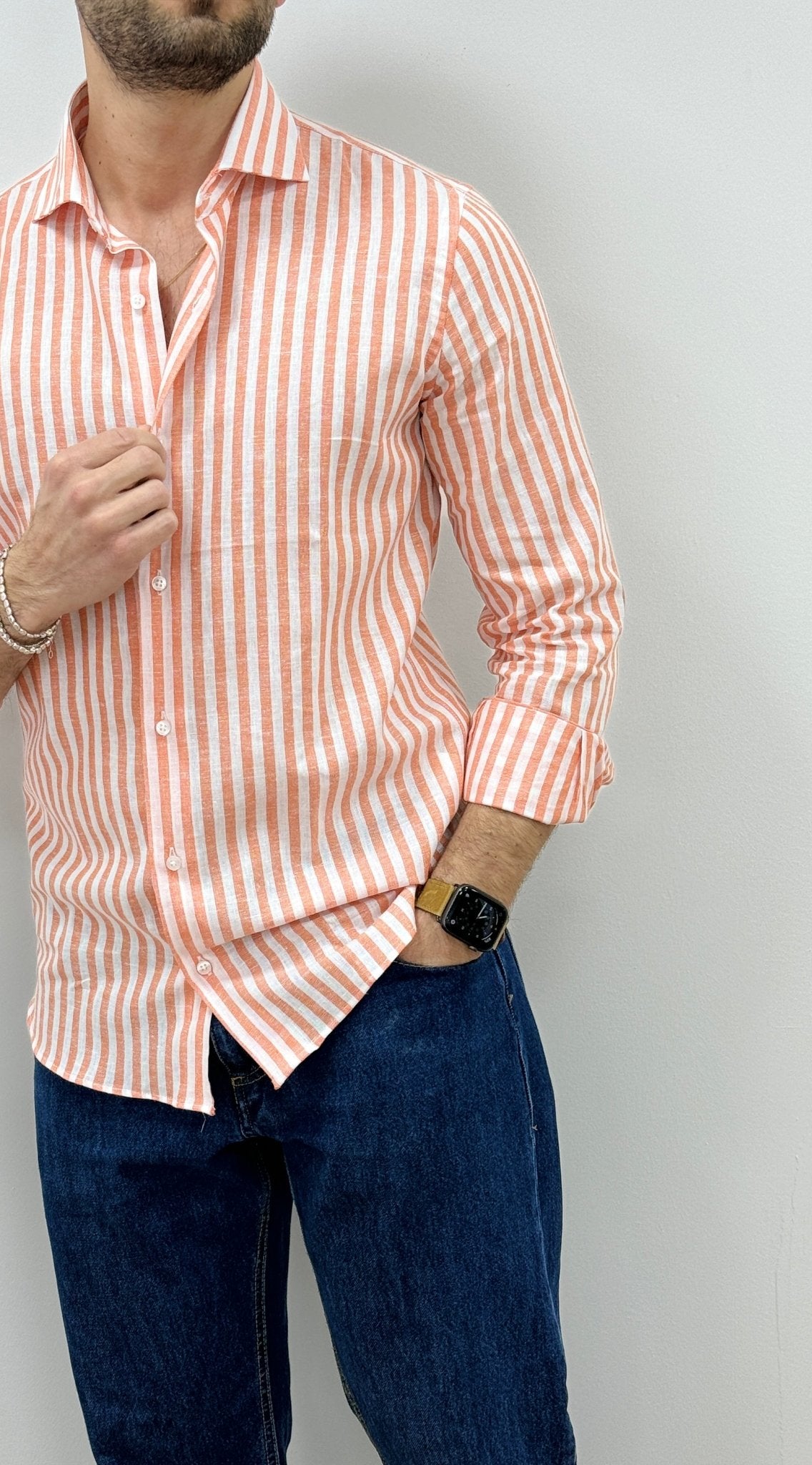 Camicia Uomo Lino Rigata 02 Arancio - SEASON LAB
