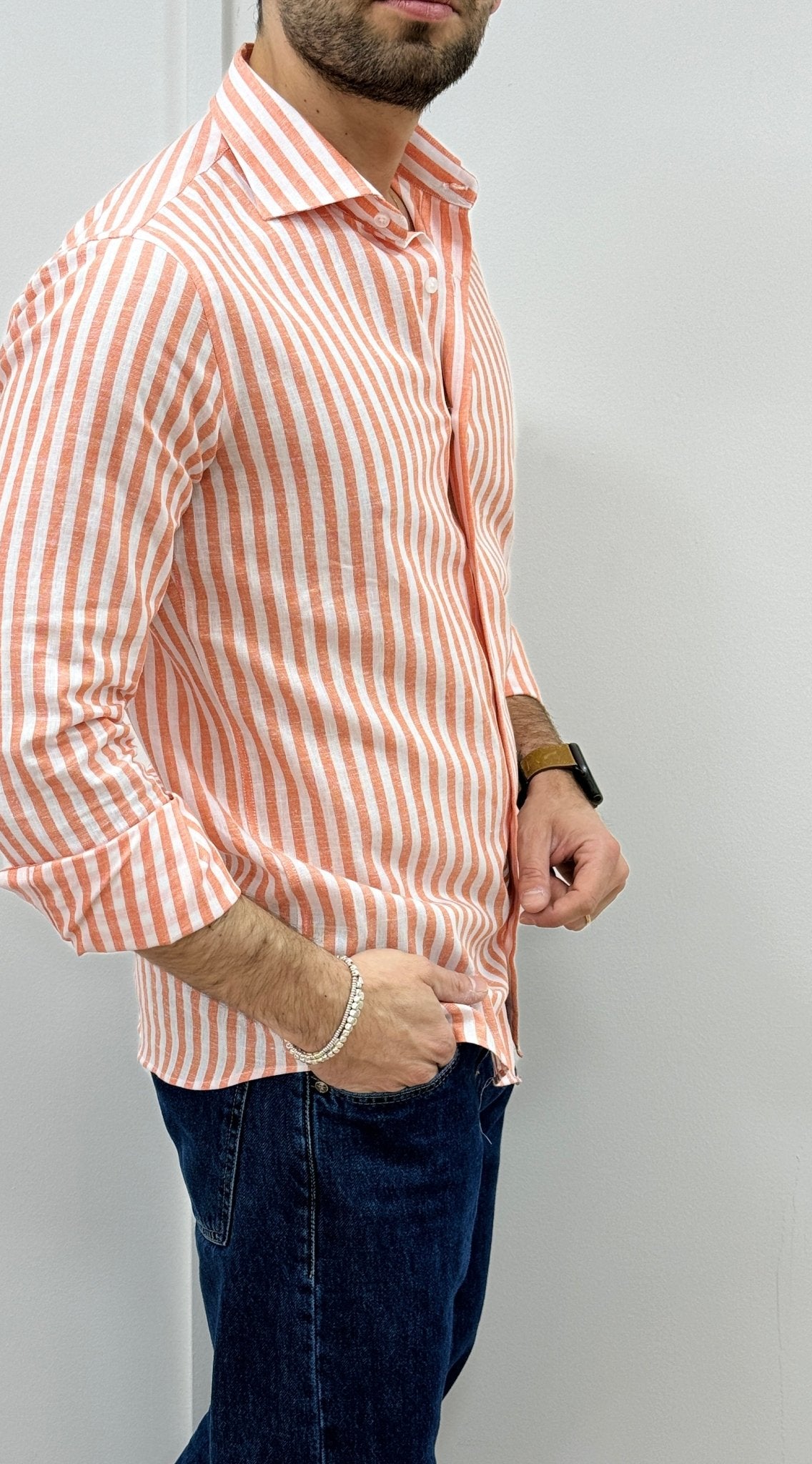 Camicia Uomo Lino Rigata 02 Arancio - SEASON LAB