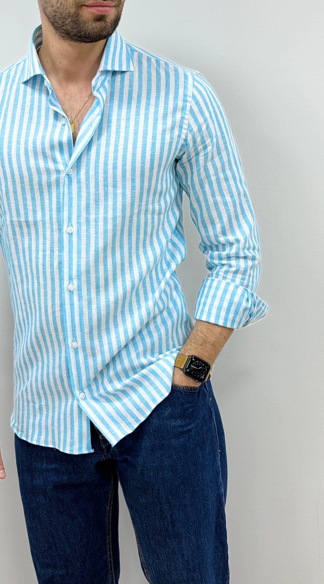 Camicia Uomo Lino Rigata 02 Azzurro - SEASON LAB
