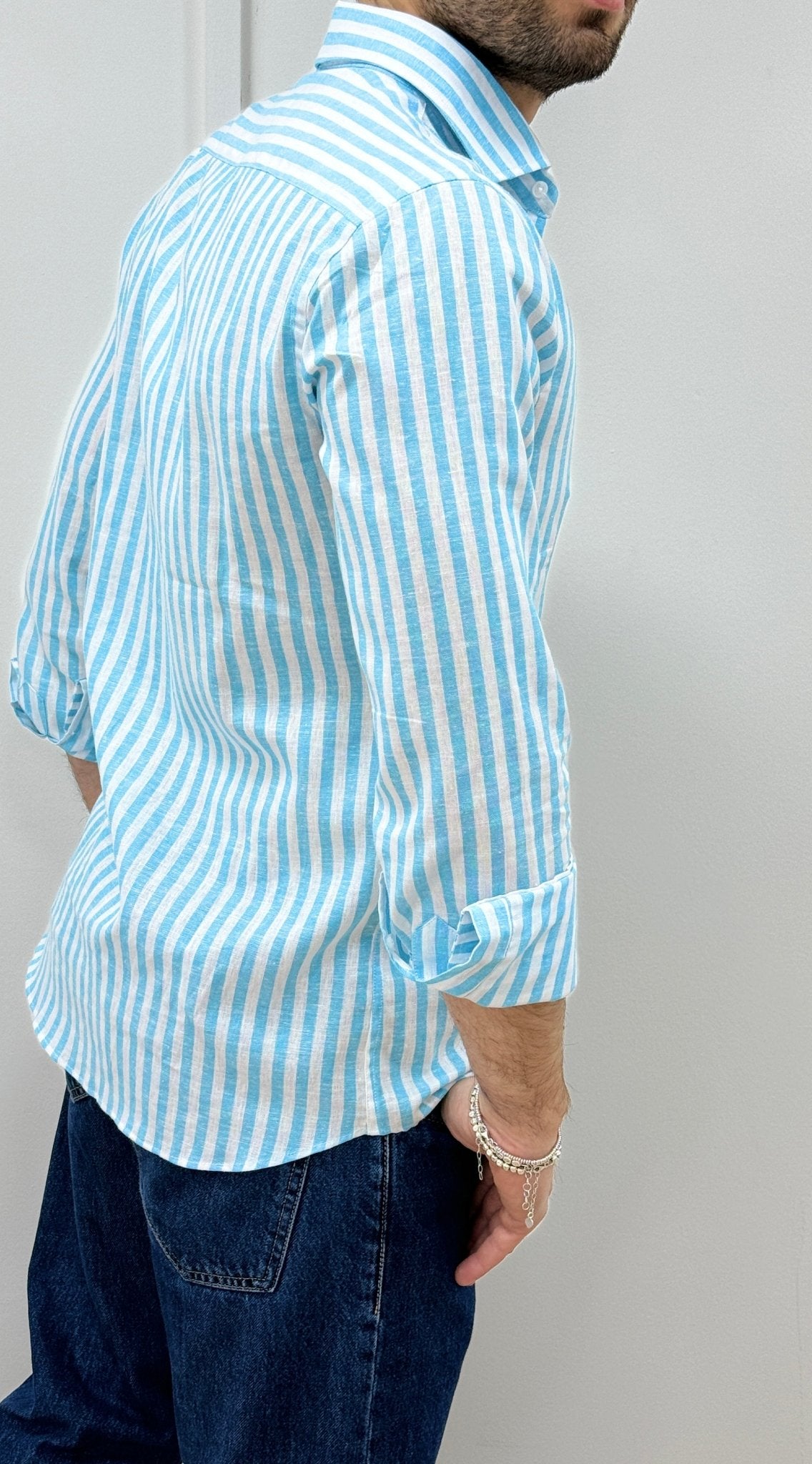 Camicia Uomo Lino Rigata 02 Azzurro - SEASON LAB