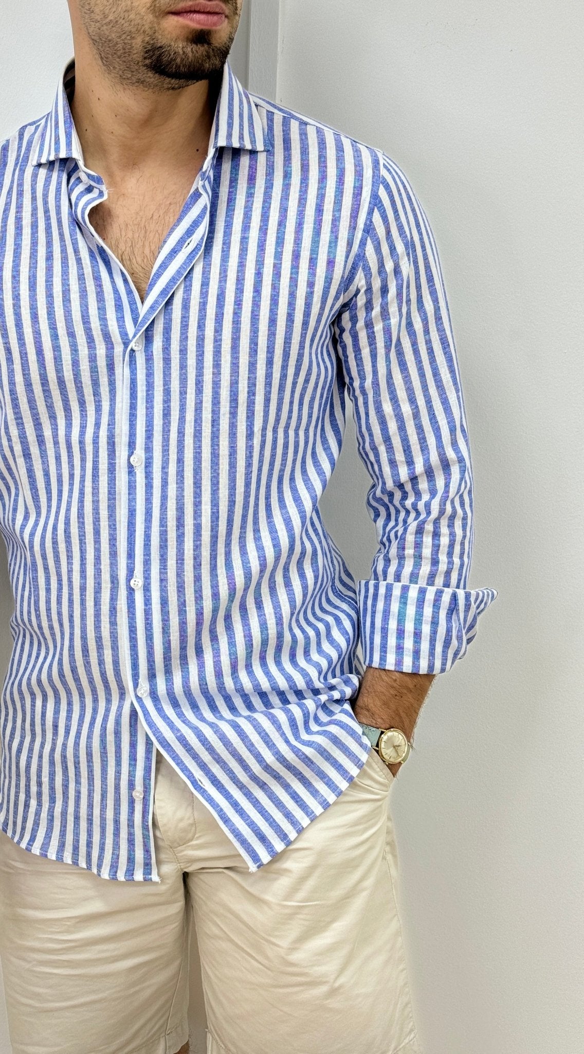 Camicia Uomo Lino Rigata 02 Blu - SEASON LAB