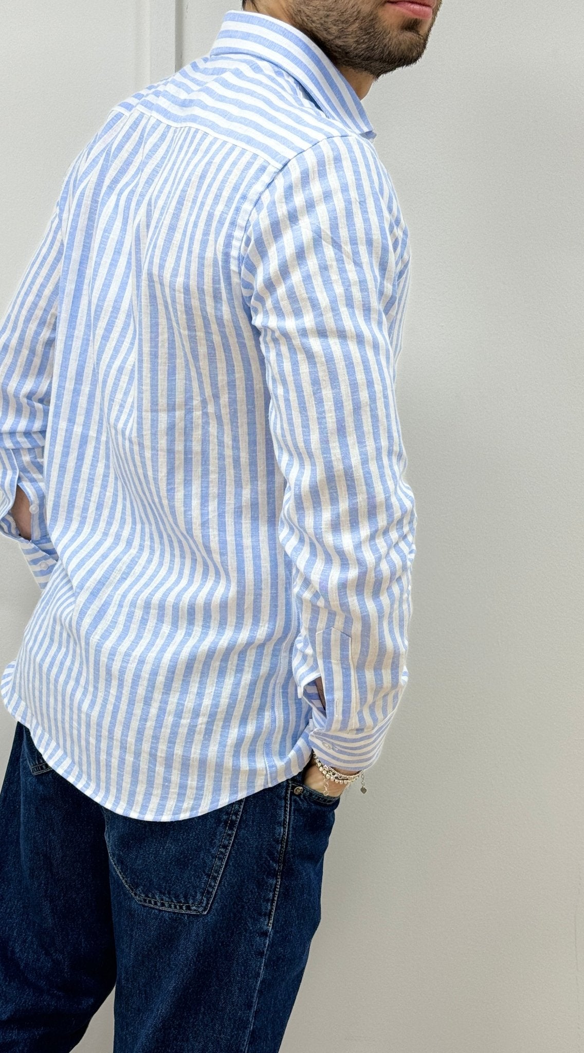Camicia Uomo Lino Rigata 02 Celeste - SEASON LAB