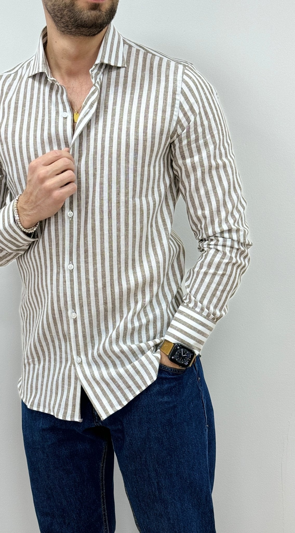 Camicia Uomo Lino Rigata 02 Marrone - SEASON LAB