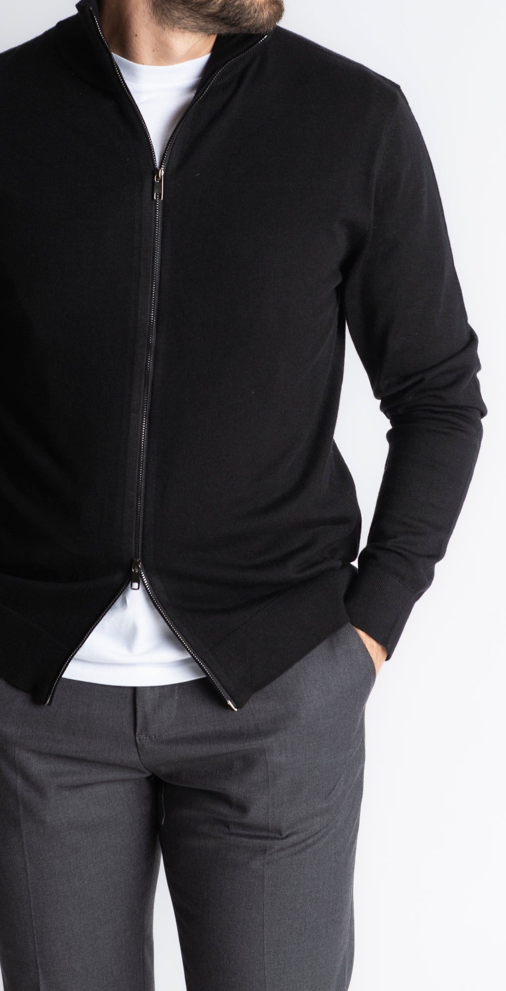 Maglioncino Wool Rasato Full Zip Nero - SEASON LAB