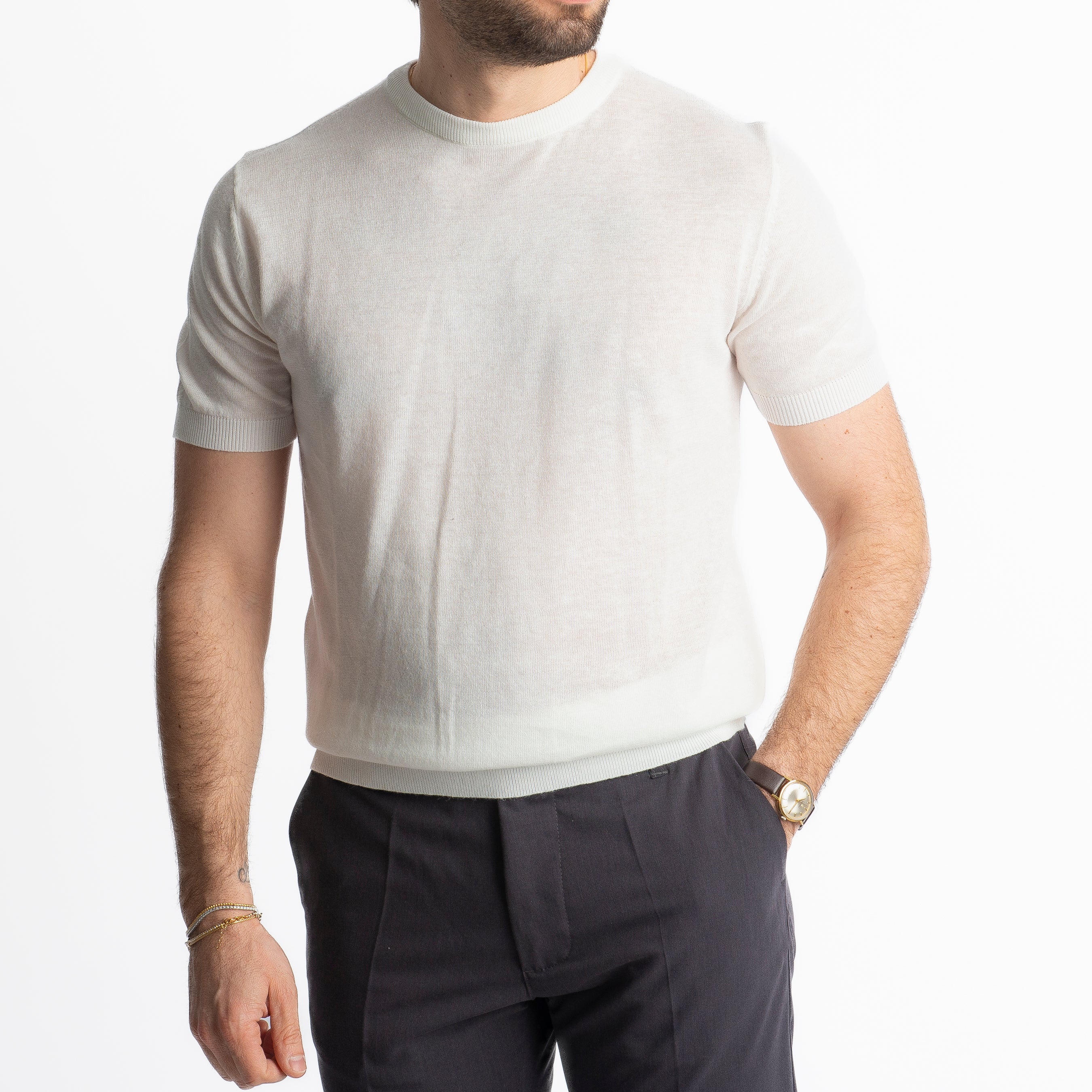 T-Shirt Girocollo Lino E Cotone Bianco