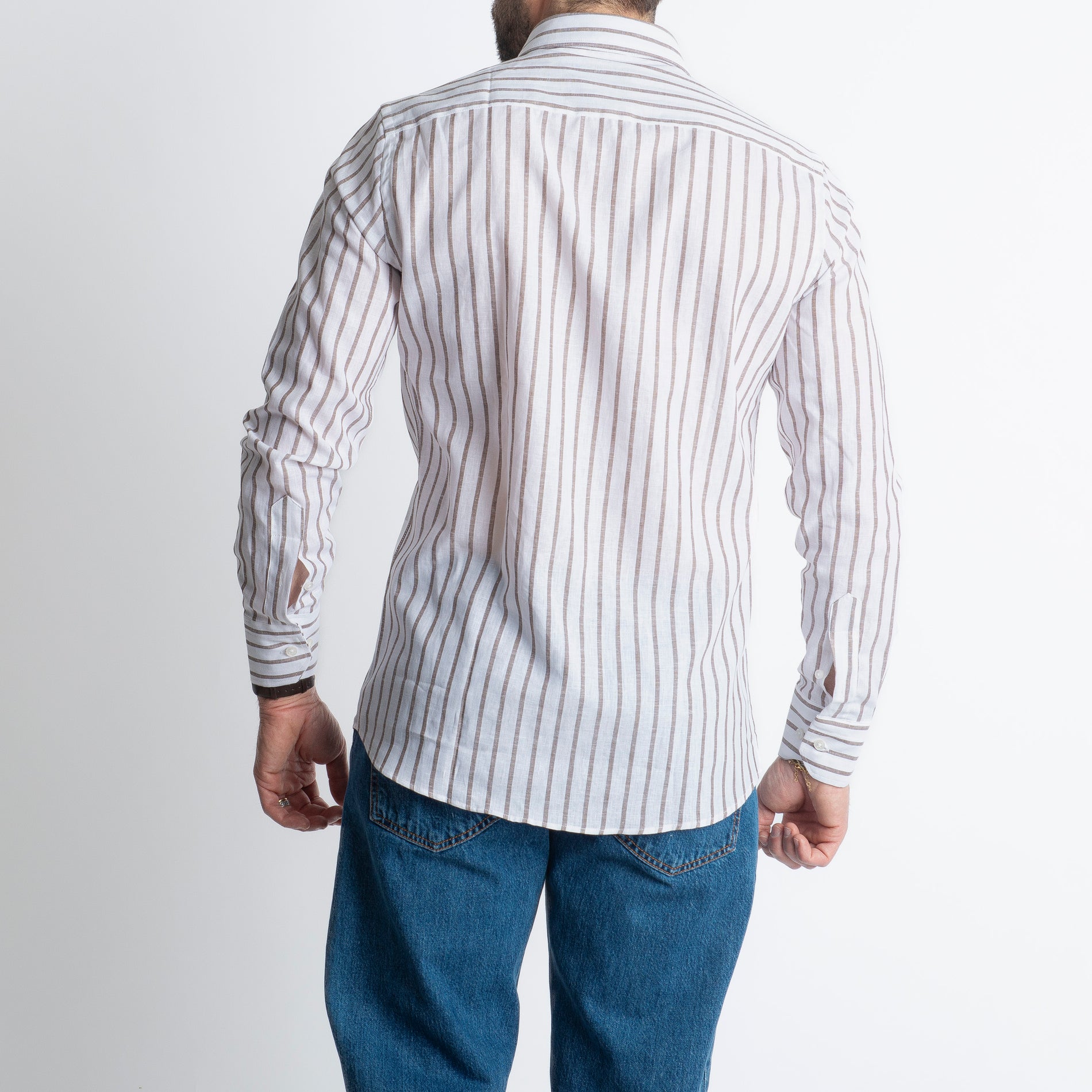 Camicia Uomo Lino Rigata 01 Marrone