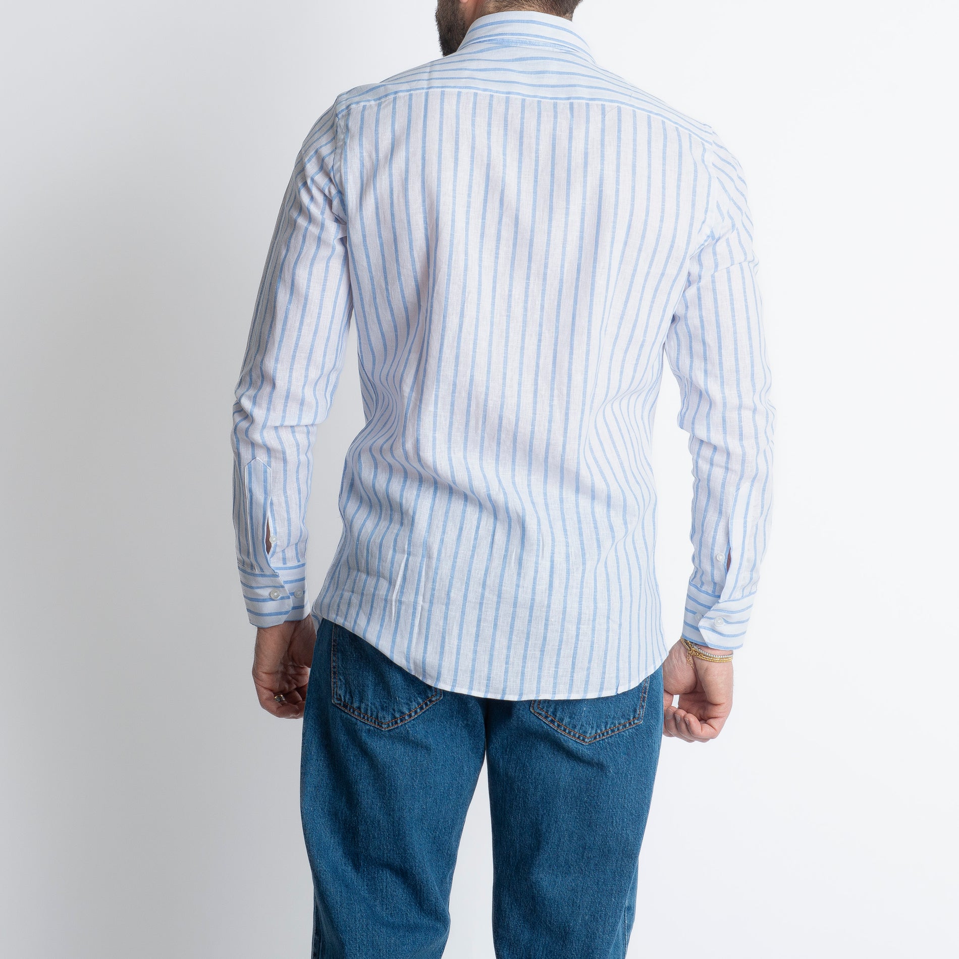 Camicia Uomo Lino Rigata 01 Celeste