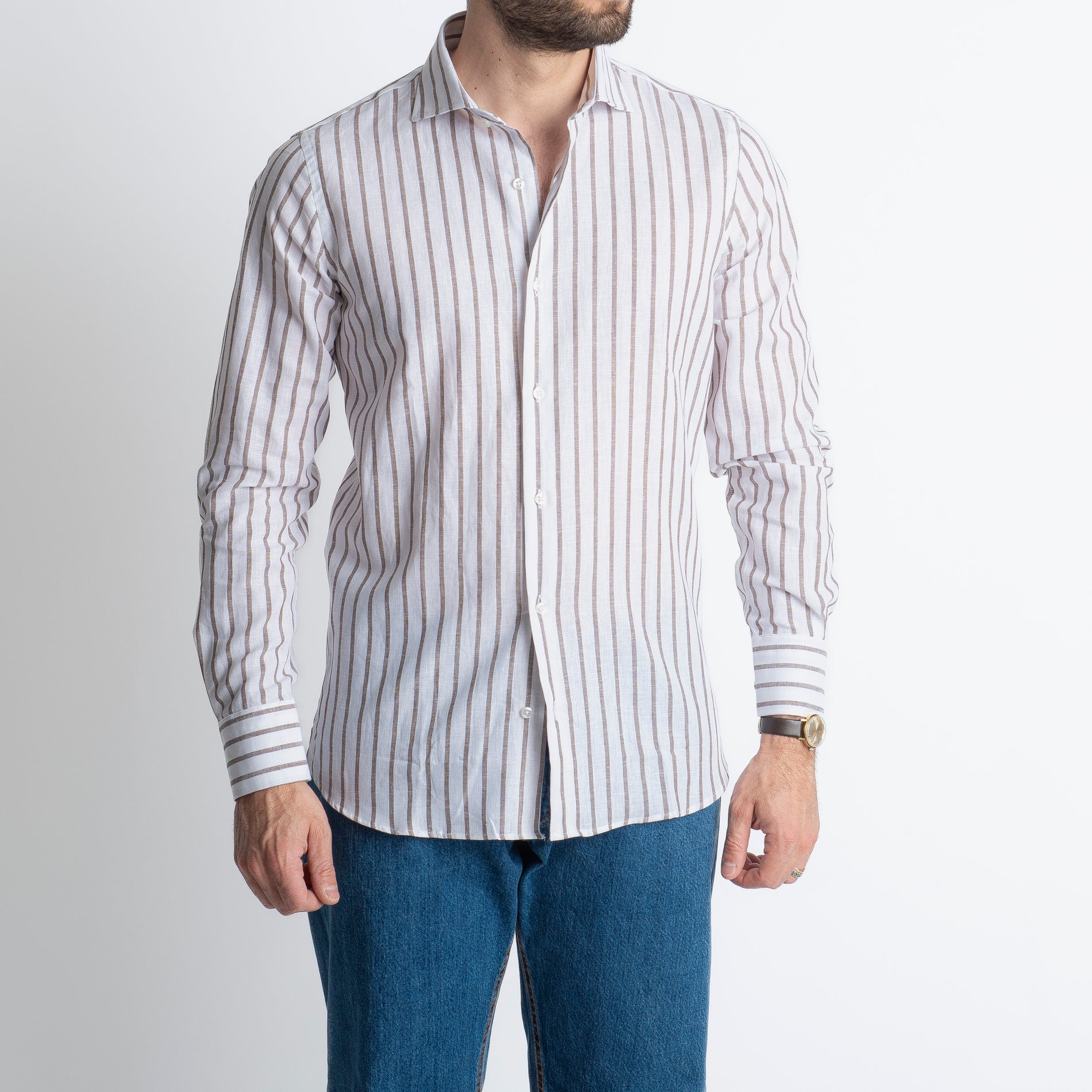 Camicia Uomo Lino Rigata 01 Marrone