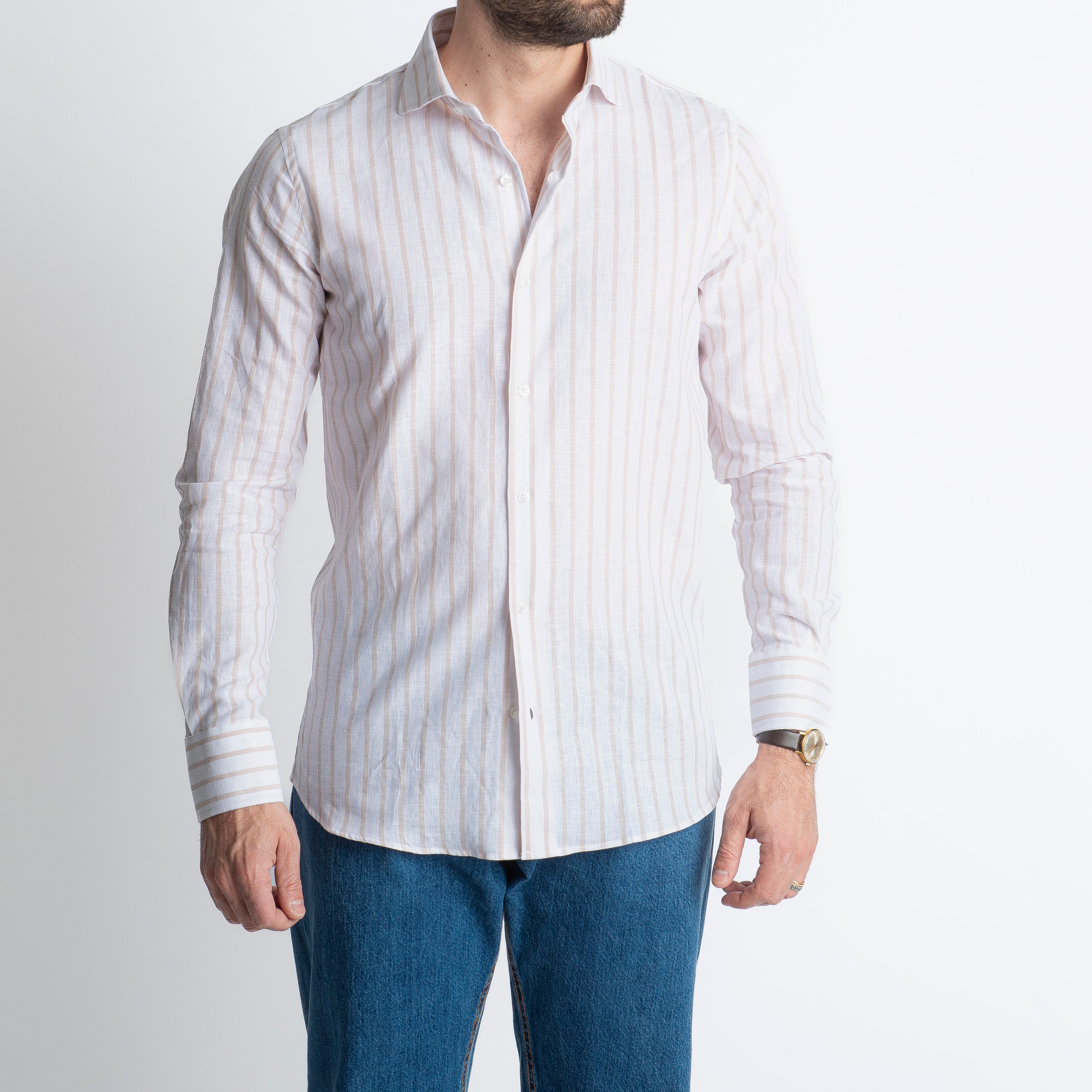 Camicia Uomo Lino Rigata 01 Beige