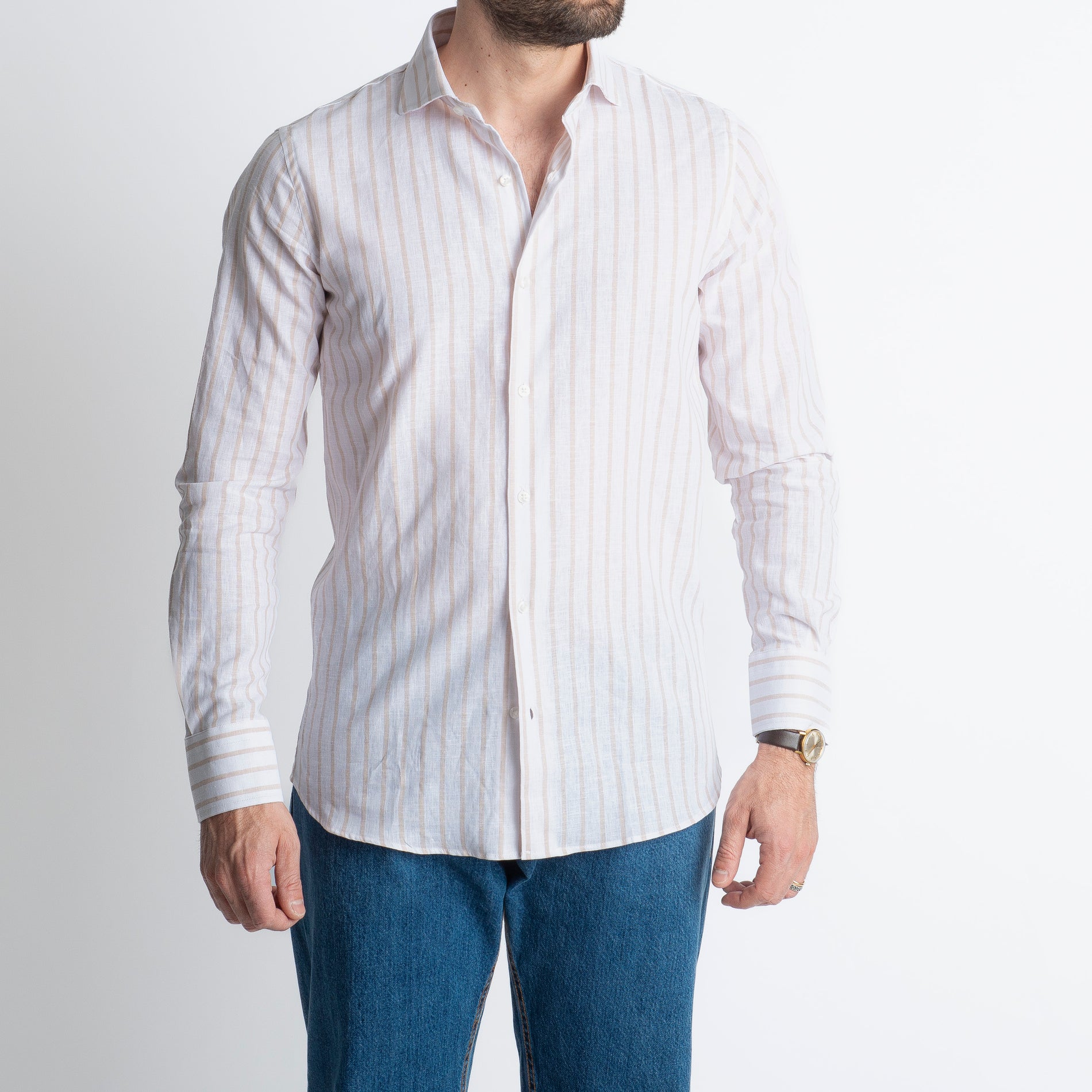Camicia Uomo Lino Rigata 01 Beige