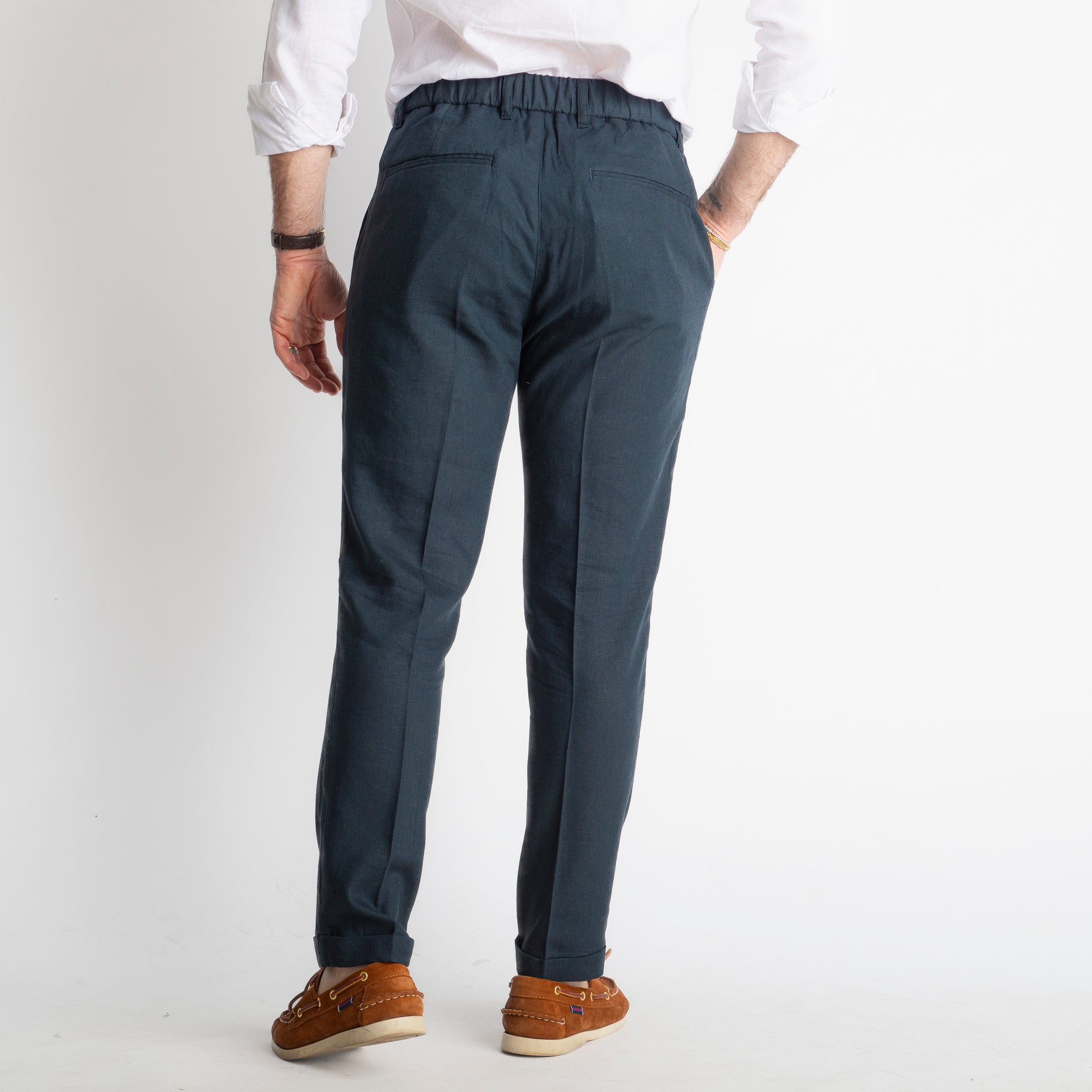 Pantalone in Lino con Elastico TO8007 Blu