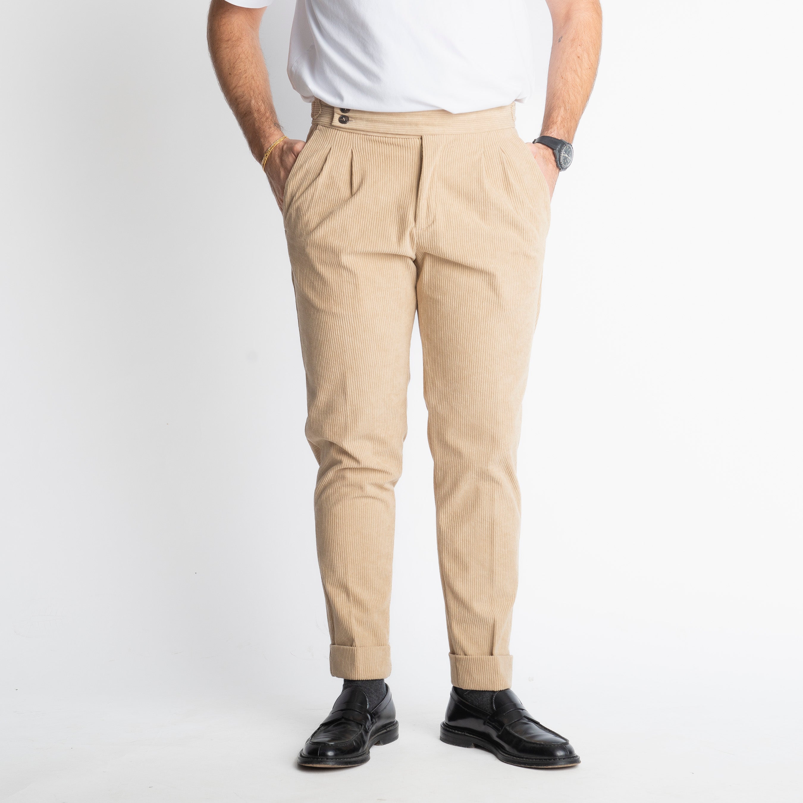 Pantalone Pisa Con Fibbia In Velluto A Coste Beige