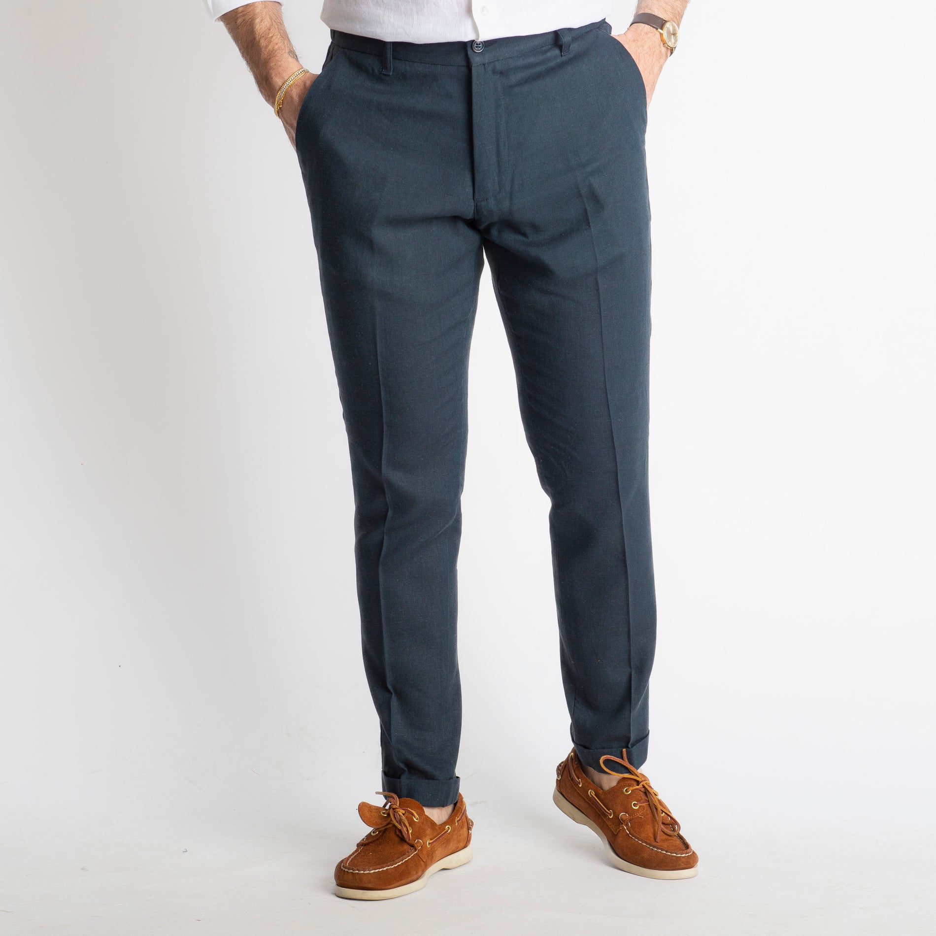 Pantalone in Lino con Elastico TO8007 Blu