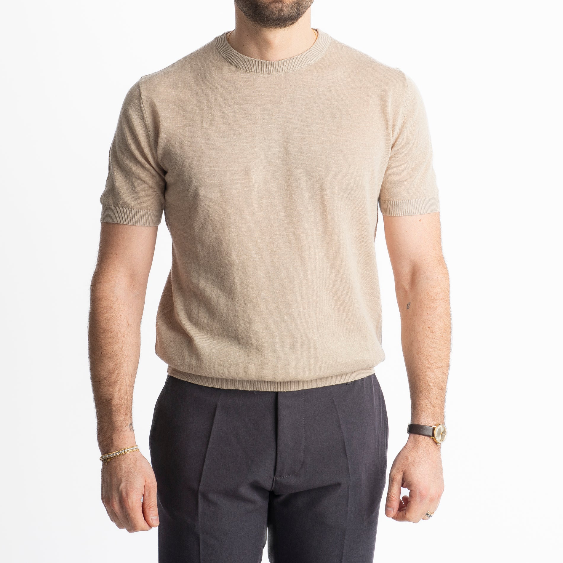 T-Shirt Girocollo Lino E Cotone Tortora