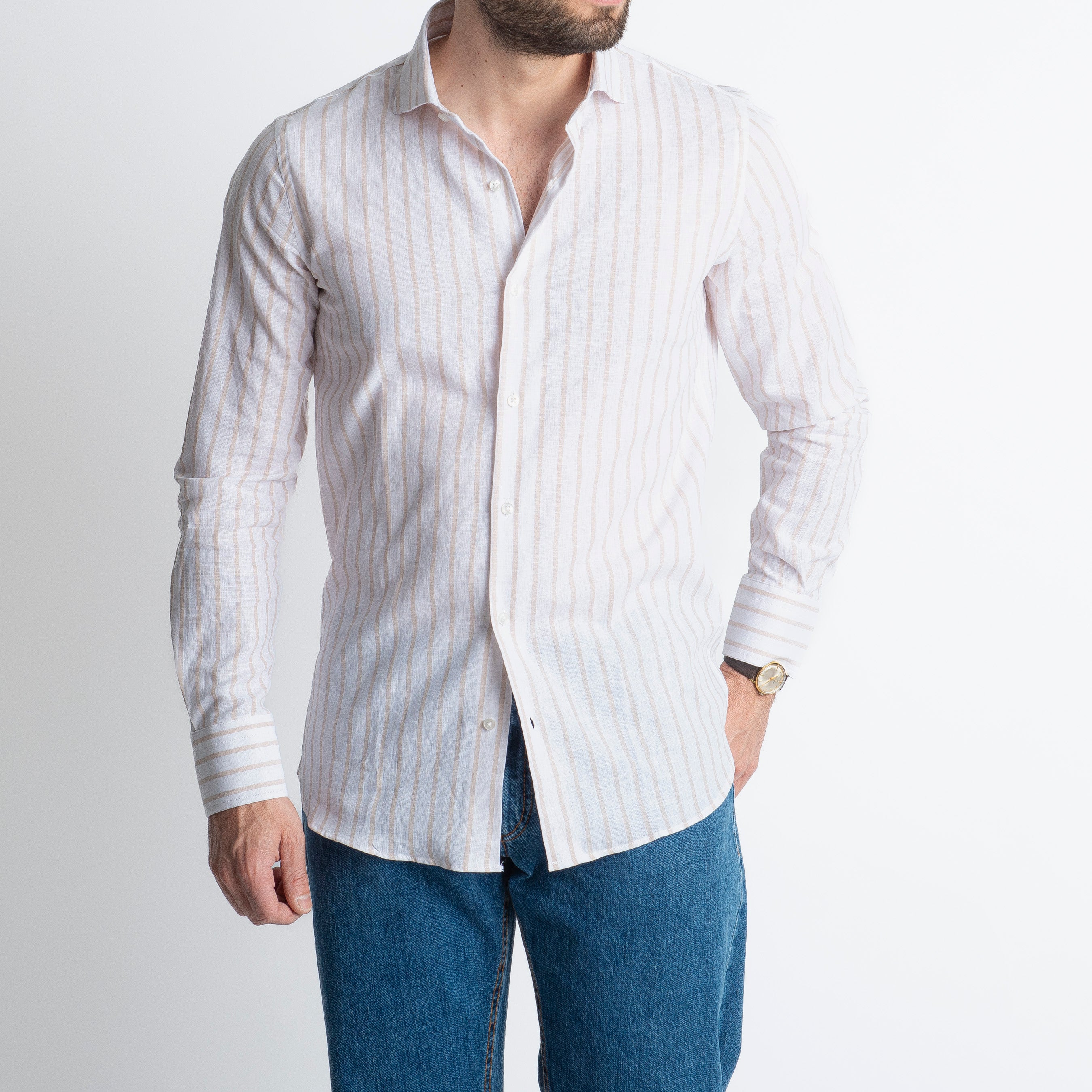 Camicia Uomo Lino Rigata 01 Beige