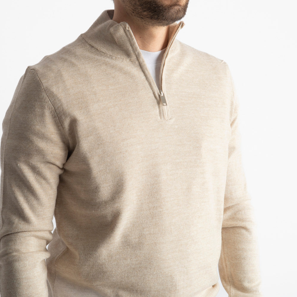 Maglioncino Mezza Zip In Lana Merinos Beige