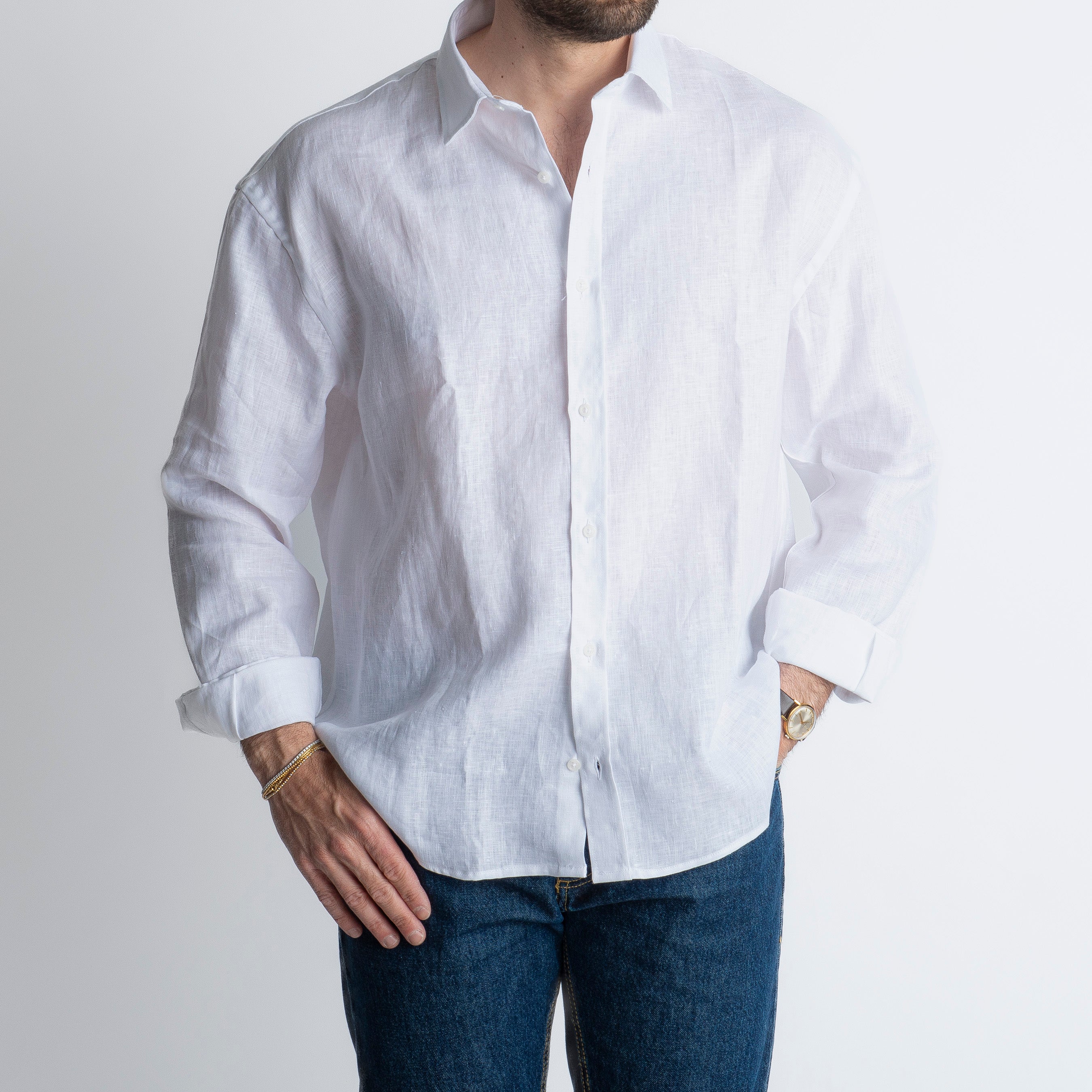 Camicia 100% Lino Irlandese Over Bianca