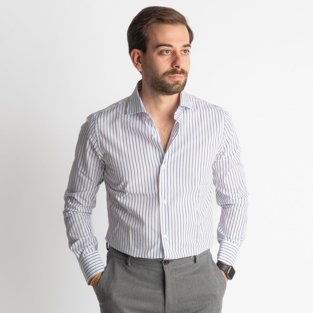 Camicia Rigata Fondo Bianco Largo Blu Notte