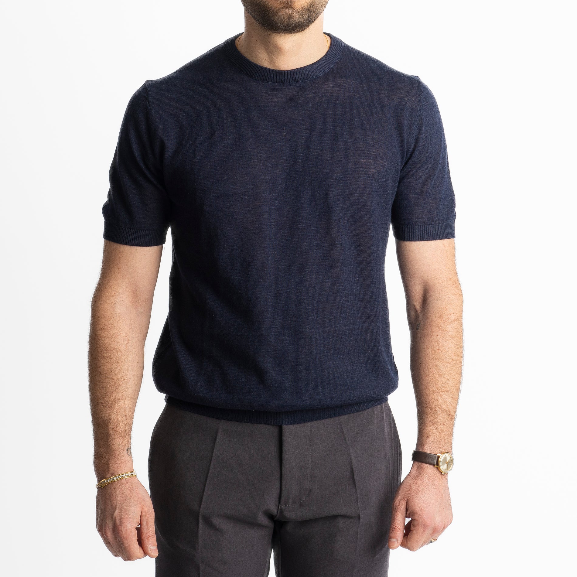 T-Shirt Girocollo Lino E Cotone Blu